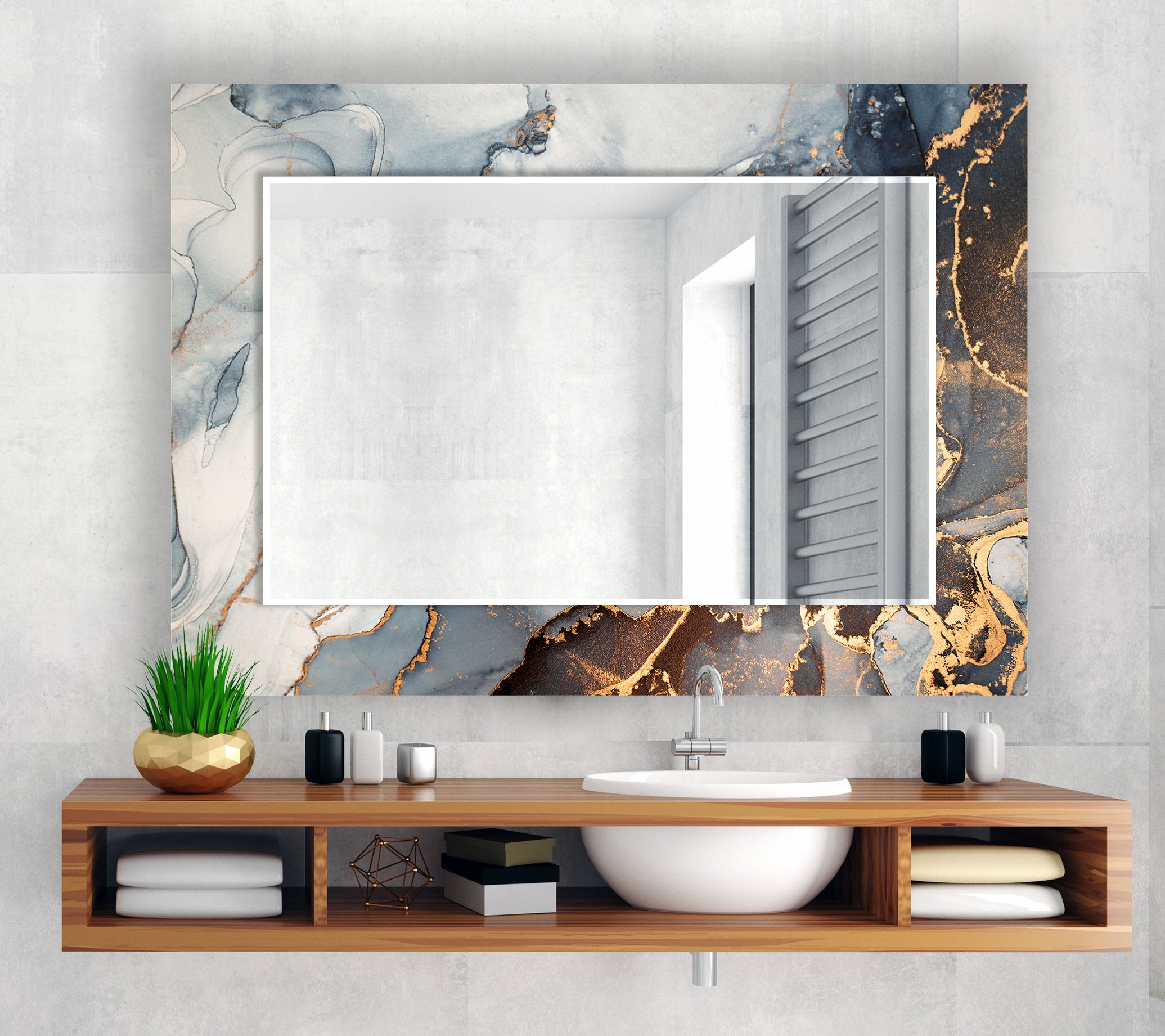 Luxury Blue & Gold Marble Glass Wall Mirror - Modern Statement Decor for Living Room, Bedroom, Entryway & Bathroom