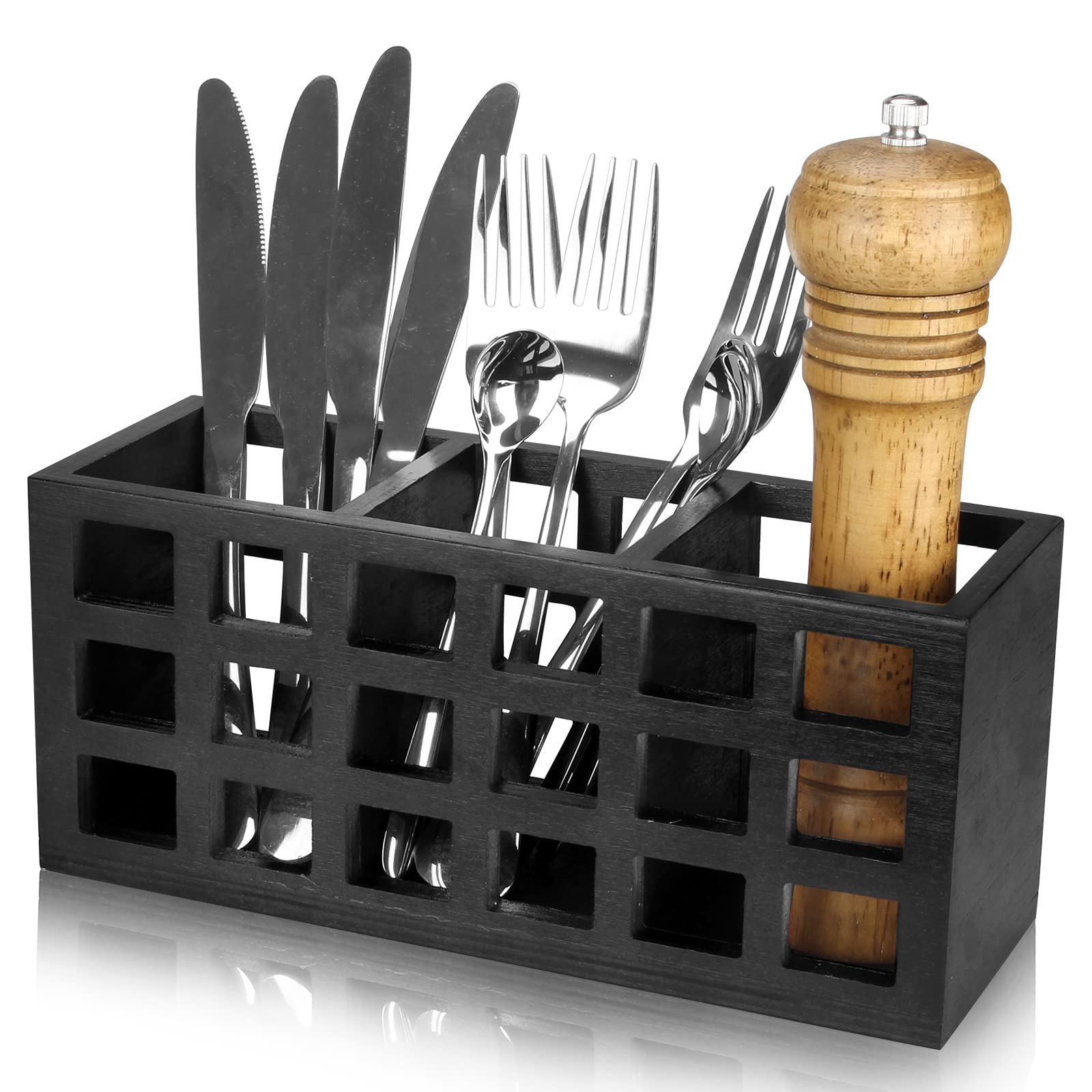Farmhouse Wooden Silverware Caddy - Kitchen Countertop & Dining Table Utensil Organizer for Forks, Spoons, Knives - Rustic Cutlery Holder for Home, Party, Picnic & Outdoor Dining Storage