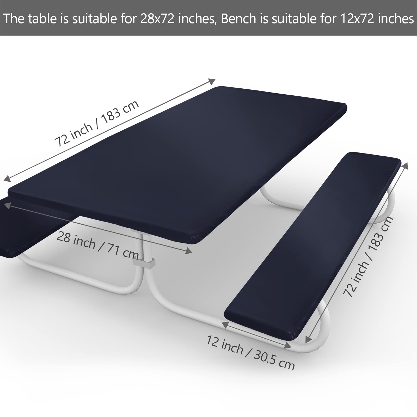 Ruisita 3-Piece Picnic Table and Bench Set with Navy Blue Vinyl Fitted Tablecloth Cover - 72 Inches - Waterproof Outdoor Dining for Backyard, Park, and Camping
