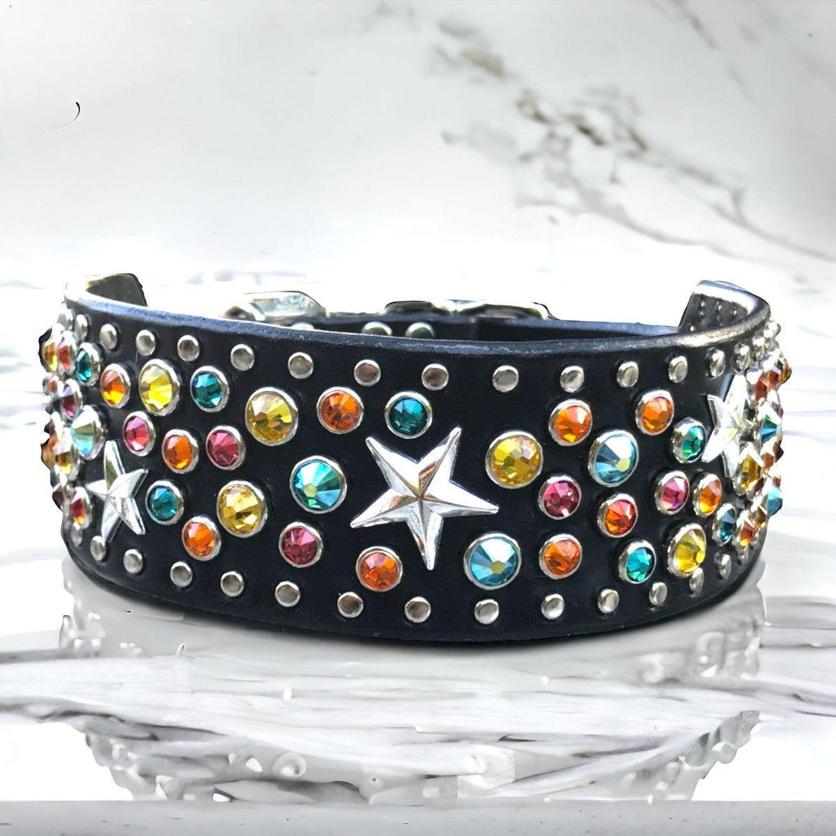 Custom Leather Dog Collar with Galaxy Print - 2 Inch Wide Adjustable Pet Collar for Small Medium Large Dogs - Durable & Stylish for Daily Walks, Training & Outdoor Adventures