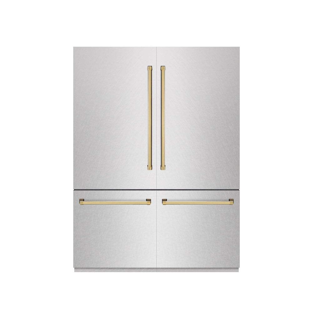 ZLINE Autograph Edition 60-Inch French Door Built-In Refrigerator - 32.2 cu.ft Capacity, Bottom Freezer, Water Dispenser & Ice Maker - Satin Stainless Steel with Graphite Gray Interior & Polished Gold Accents (GRBIVZ SN 60 G) - Perfect for Modern Kitchens & Luxury Homes