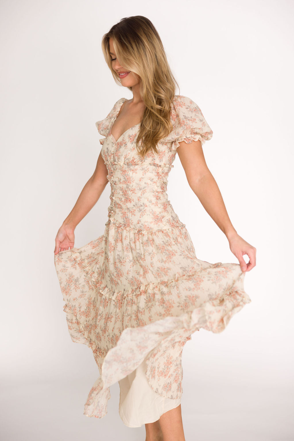 Jenna Ruffled Maxi Sundress in Cream/Multi Floral - Flowy Summer Dress for Beach, Vacation & Casual Wear | Women's Boho Chic Dress with Ruffle Details