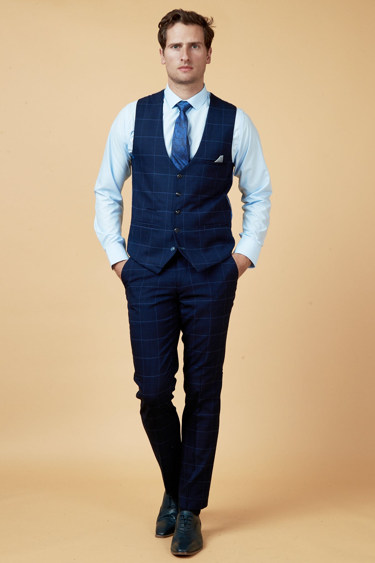 EDINSON Navy Sky Check Single Breasted Waistcoat for Men - Stylish Formal Vest for Weddings, Office & Business Events