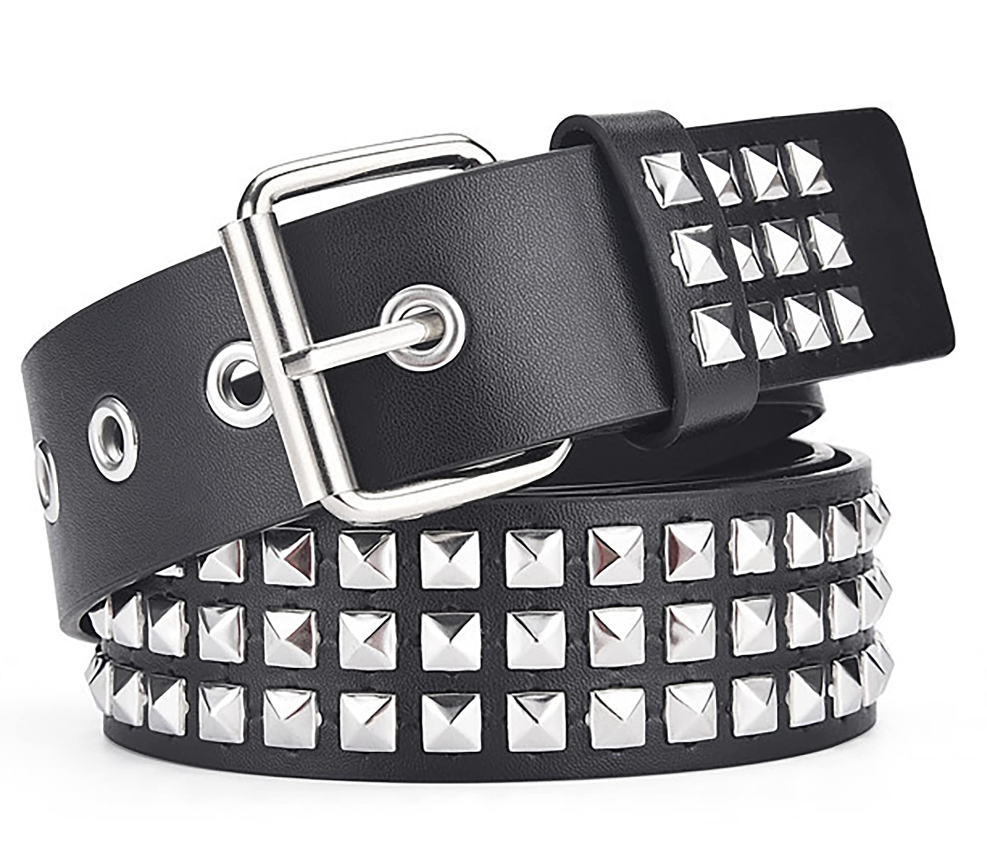 Punk Rock Leather Belt for Men & Women - 3 Row Black Studded Belt with Square Beads & Metal Pyramid Buckle | Gothic Fashion Accessory for Jeans, Pants & Outfits