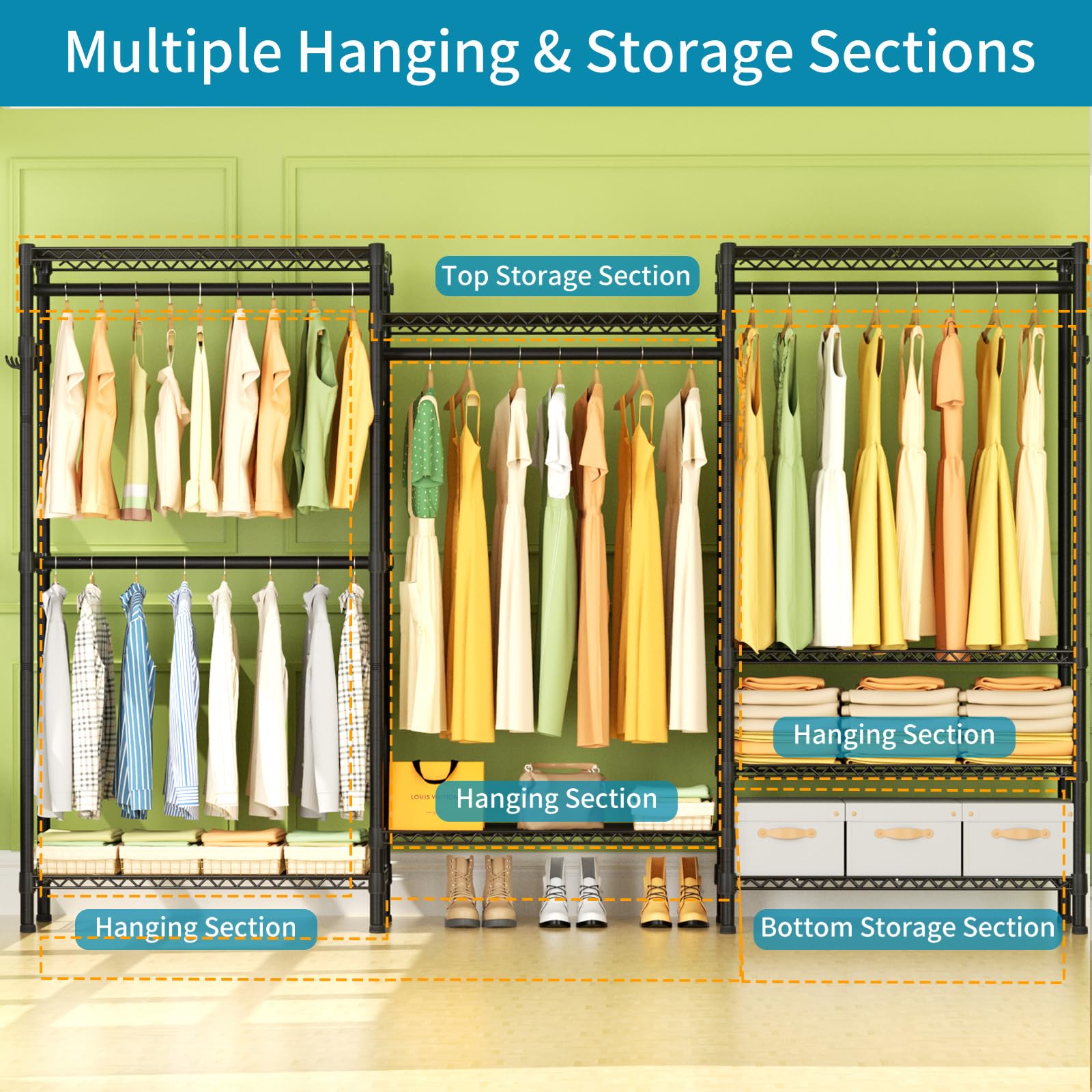 Heavy Duty Garment Rack - Large Freestanding Clothes Rack with 8 Adjustable Wire Shelves & 4 Hanging Rods, 800lbs Capacity Metal Wardrobe Organizer for Closet Storage | Perfect for Home, Office, Laundry Room and Clothing Boutique Organization