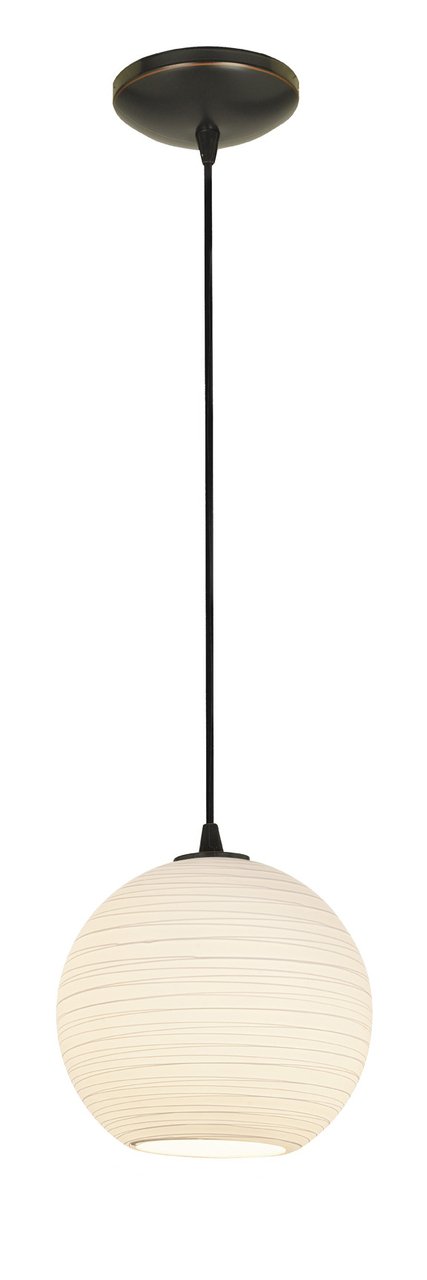Japanese Style Glass Pendant Light - 10 Inch Oil Rubbed Bronze Hanging Lamp with White Lined Glass Shade - Fluorescent 1-Light Fixture with Cord - Perfect for Dining Room, Kitchen Island, or Entryway Lighting