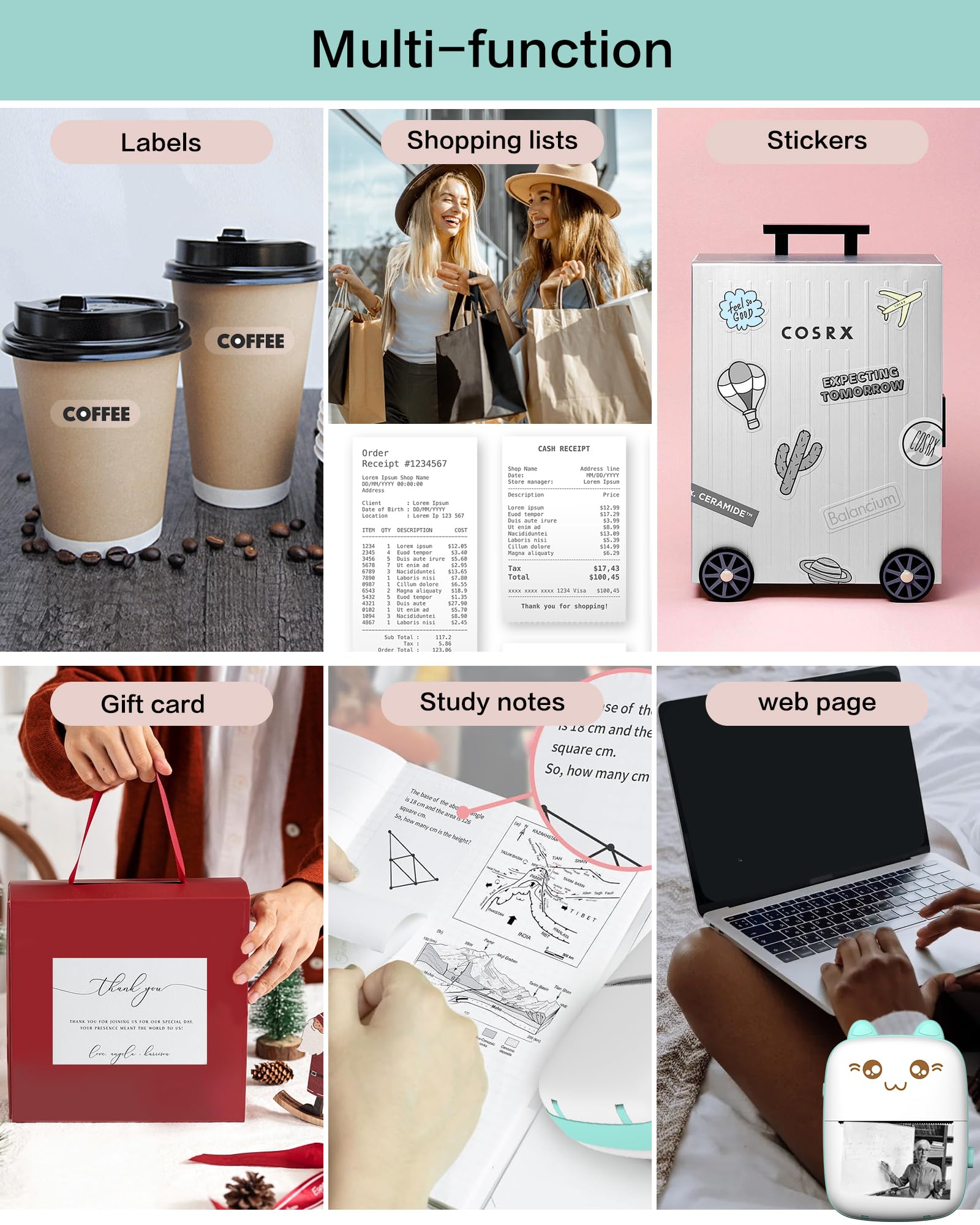 Portable Mini Thermal Printer - Bluetooth Wireless Inkless Sticker Printer with 8 Rolls Paper, Compatible with iOS & Android for Journaling, Memos, Photos - Perfect for Kids, Girls, DIY Crafts, School Projects & Party Favors