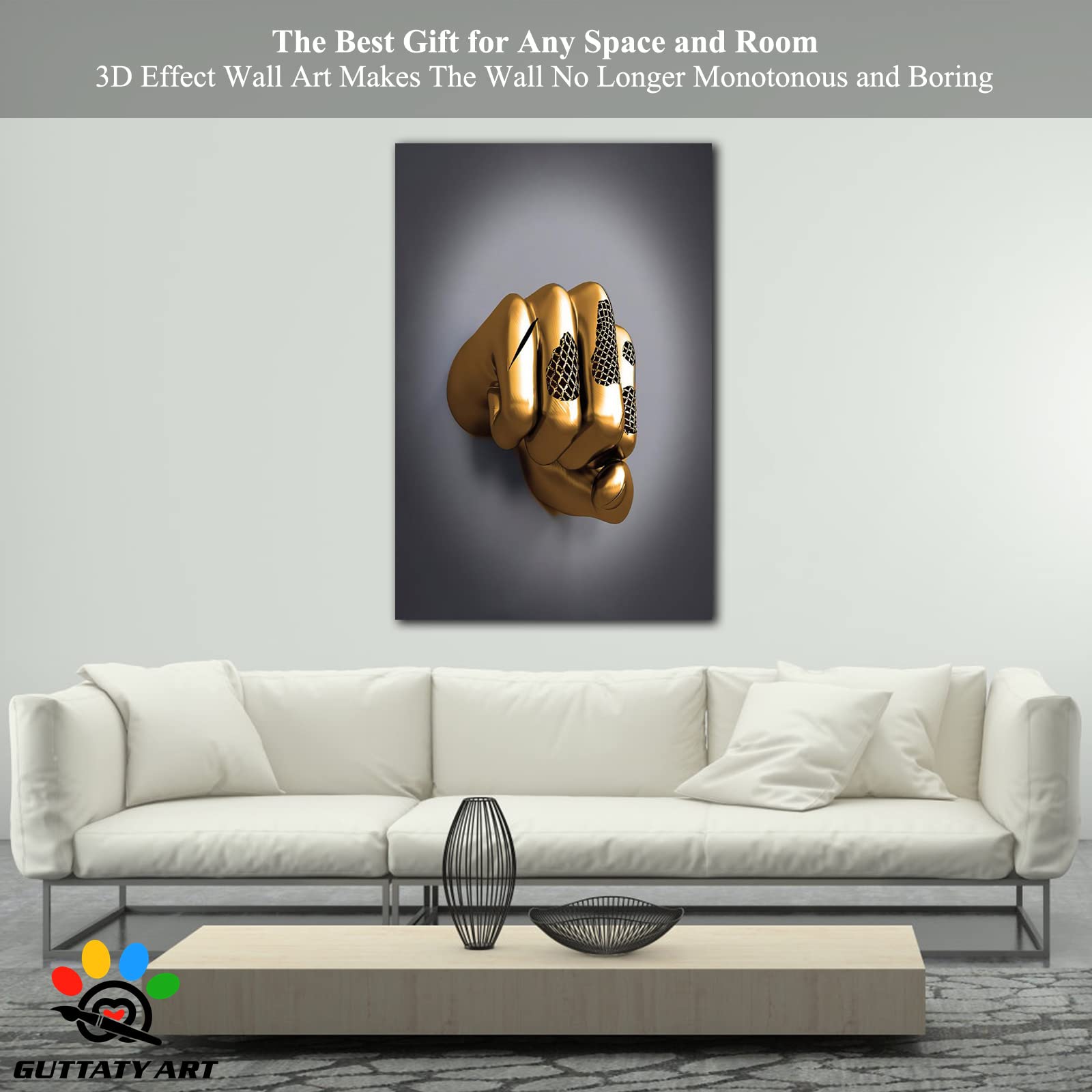 3D Metal Effect Fist Canvas Wall Art - Modern Silver Framed Wall Decor for Men's Bedroom & Living Room - 28x40 Inches Valentine's Day Gift - Perfect for Home Office, Man Cave, and Contemporary Interior Design
