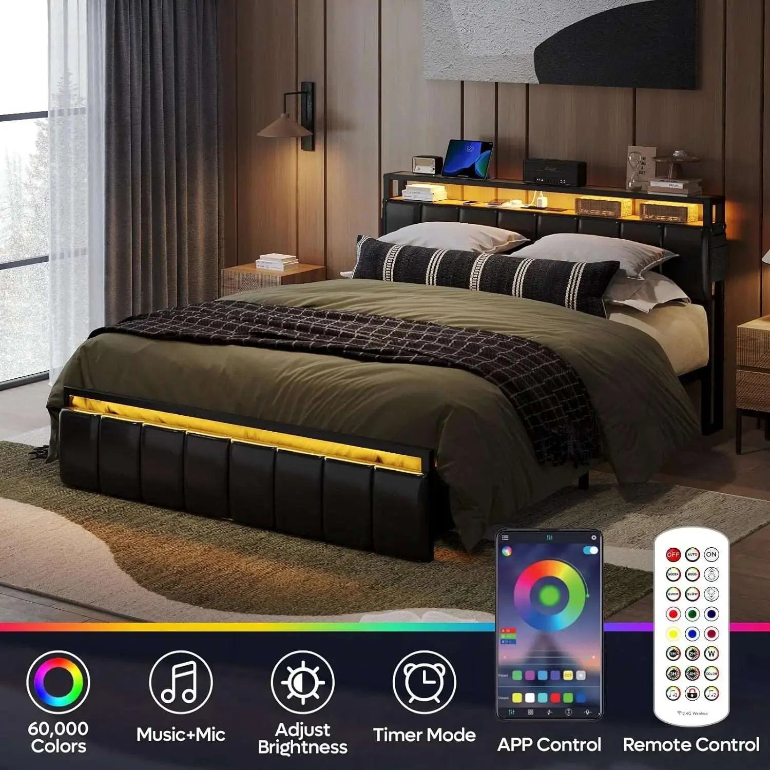 Bestier LED Bed Frame with Hidden Storage Headboard - Queen Size Modern Platform Bed with USB Ports & Touch Control - Perfect for Bedroom, Guest Room & Small Spaces