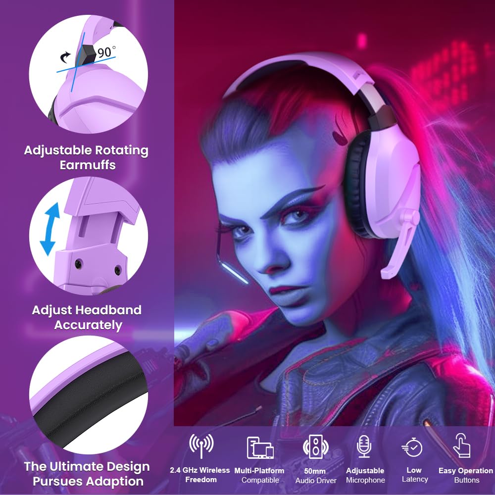 Wireless Gaming Headset with Noise Canceling Mic for PS5, PC, PS4 - 2.4G/Bluetooth Headphones with USB & Type-C - Wired Controller Mode (Purple) - Perfect for Competitive Gaming & Online Chat