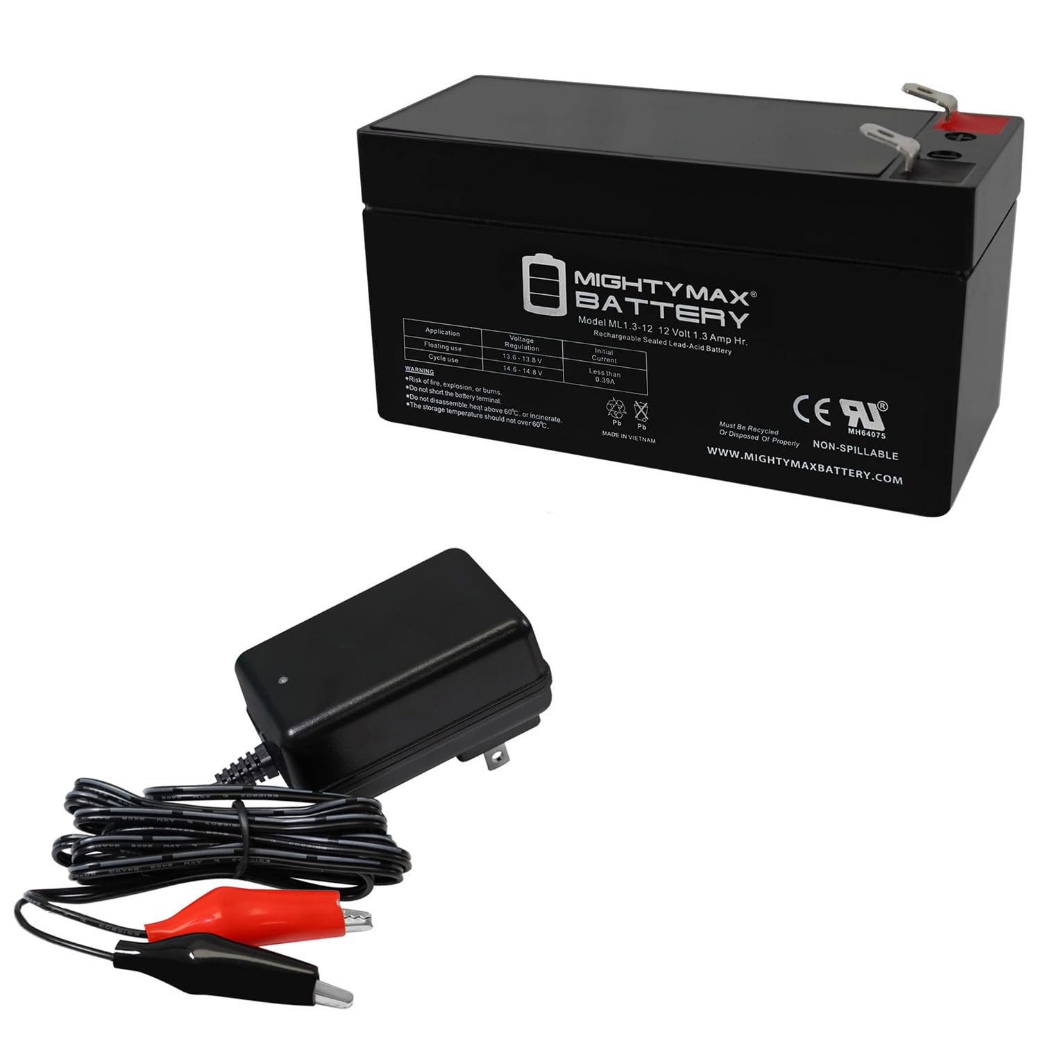 Mighty Max ML1.3-12 12V 1.3AH Sealed Lead Acid (SLA) Rechargeable Battery with 12V Charger - Perfect for Security Systems, Emergency Lighting & Power Backup