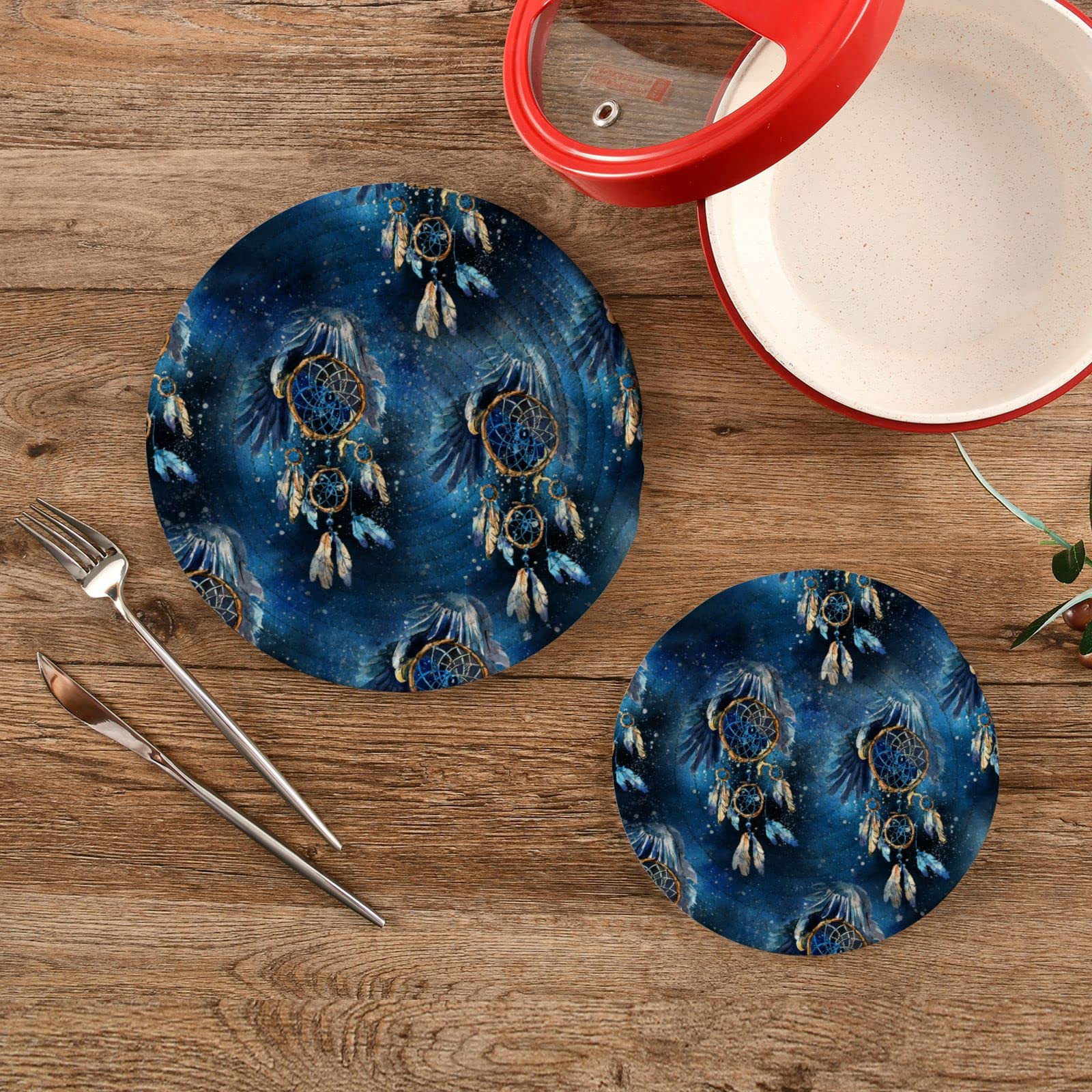 Hawk Dream Catcher Cotton Pot Holders Set of 2 - Heat Resistant Round Kitchen Holders for Hot Pots, Pans, and Baking Dishes - Perfect for Cooking, Serving, and Home Decor