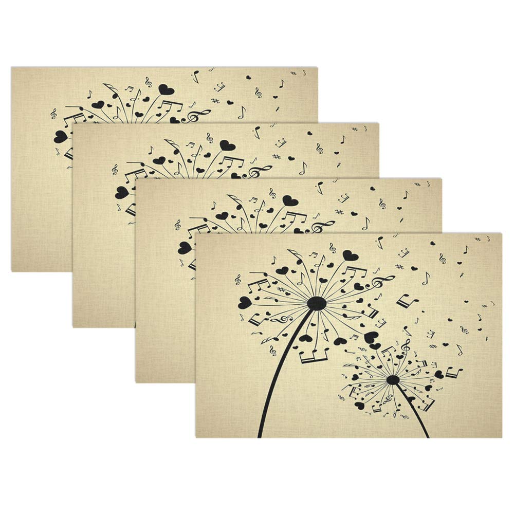 Swono 4-Piece Dandelion Music Note Placemat Set - 12x18 Inch Abstract Heart Design Table Mats for Dining & Kitchen Decor | Perfect for Dinner Parties, Family Gatherings & Home Styling