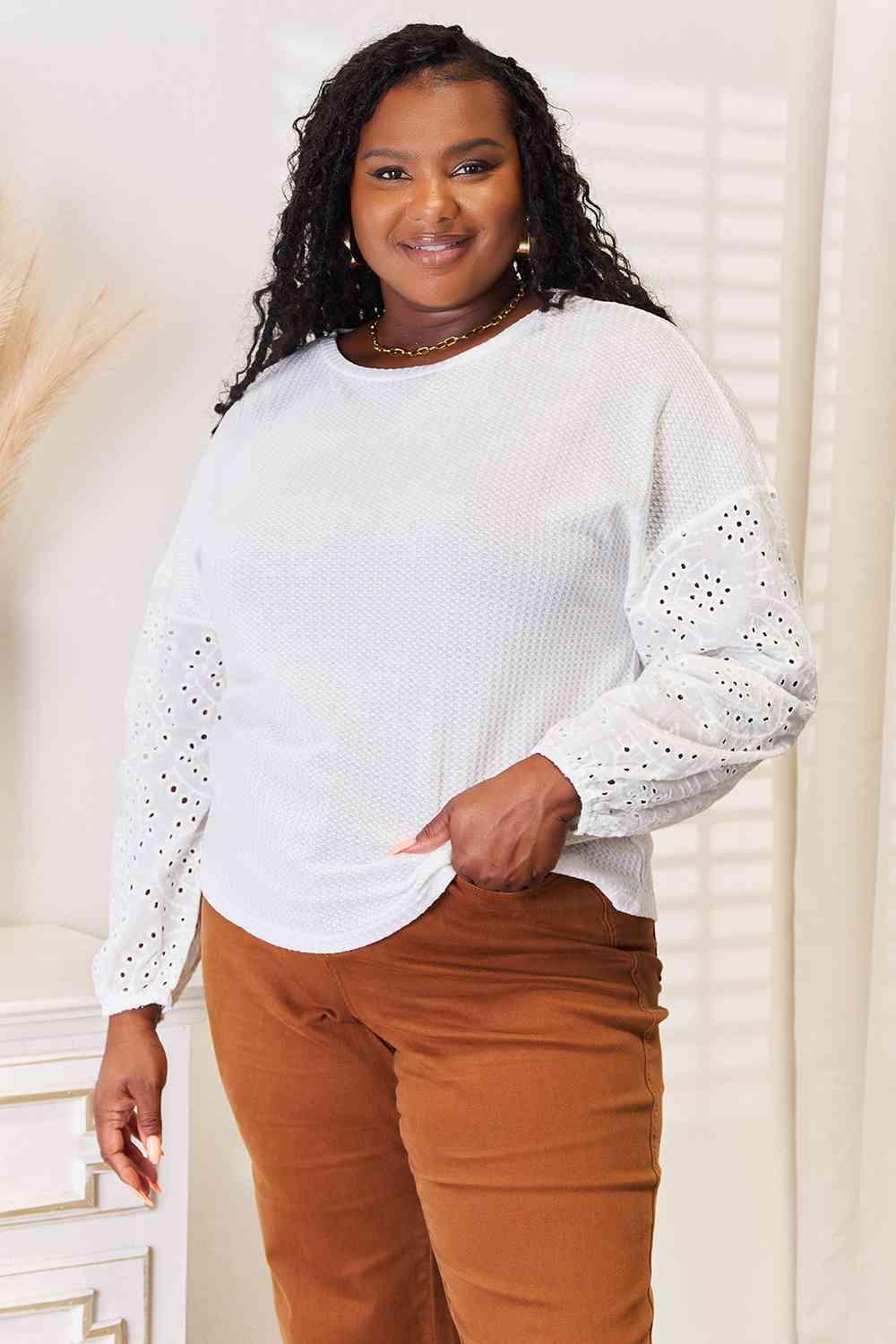 Elegant White Eyelet Dropped Shoulder Round Neck Blouse for Women - Perfect for Summer Outfits, Office Wear & Casual Dates