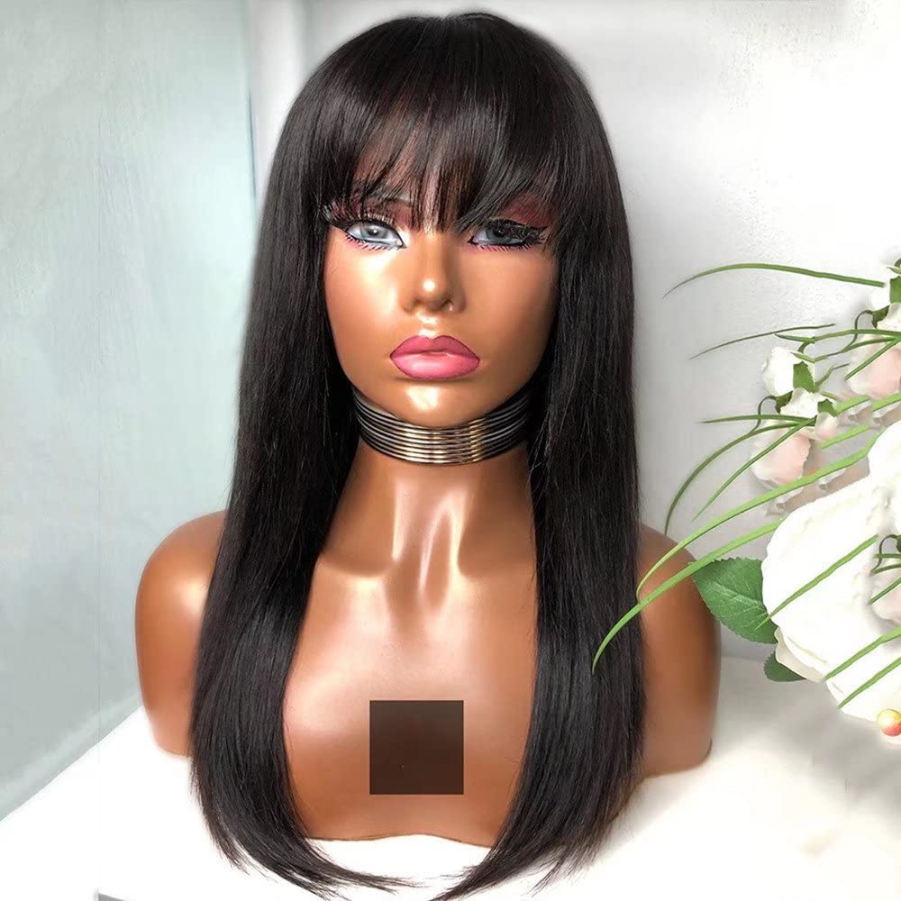 Long Straight Human Hair Lace Front Wigs With Bangs - 20Inch HD Transparent Brazilian Remy Hair Wigs 150% Density, Glueless & Silky Smooth for Women (Natural Black) - Perfect for Daily Wear, Cosplay, Parties & Special Occasions