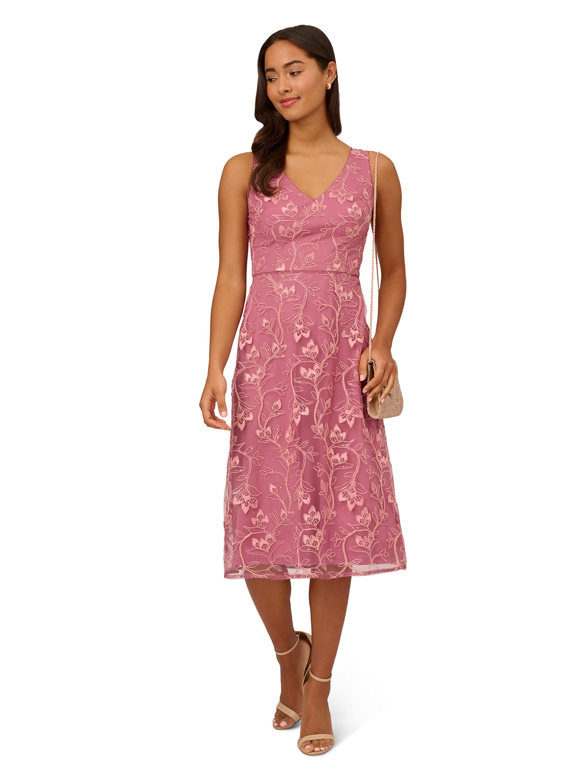 Adrianna Papell Women's Floral Sequin Embroidery Cocktail Dress for Party, Wedding & Special Occasions - Elegant A-Line Formal Gown with Sparkling Details