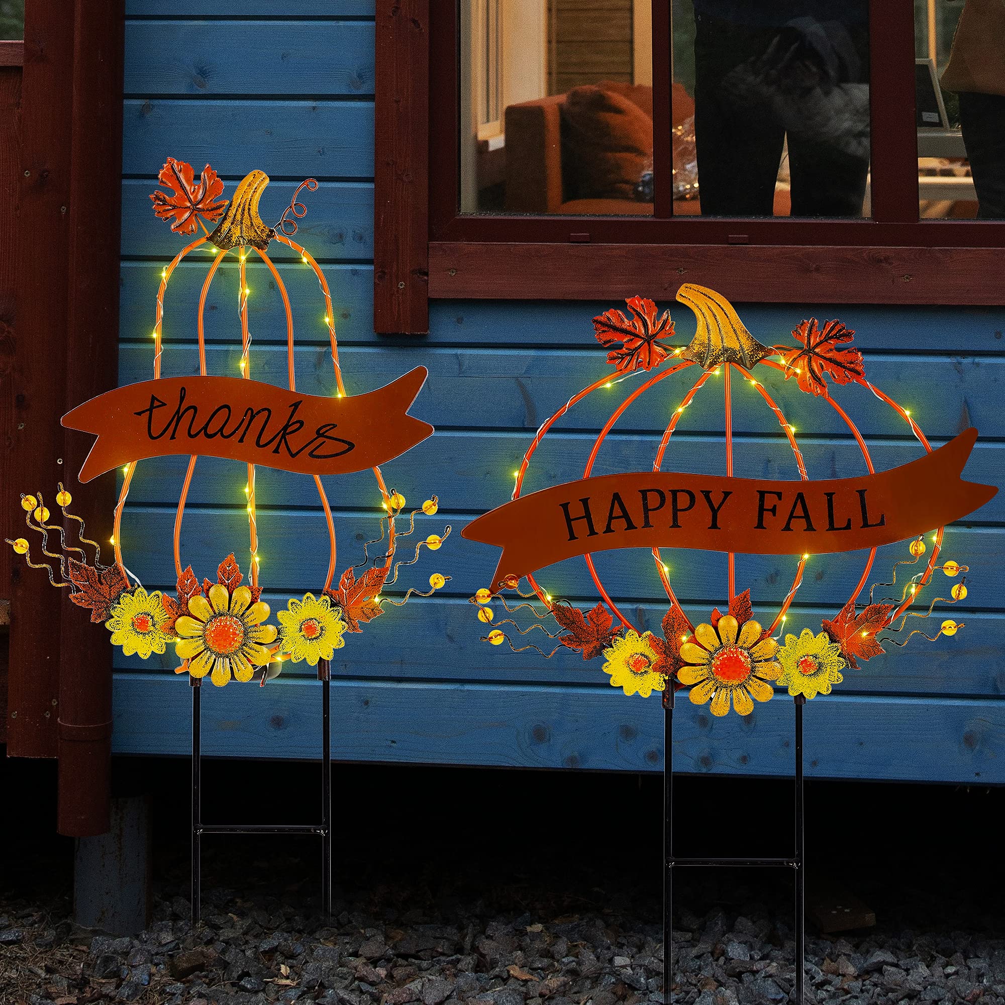 Juegoal 2 Pack Solar Powered Metal Pumpkin Garden Stakes - Outdoor Fall Decorations with LED Lights for Thanksgiving & Autumn Yard Decor - Perfect for Halloween, Harvest Festival & Seasonal Home Decoration
