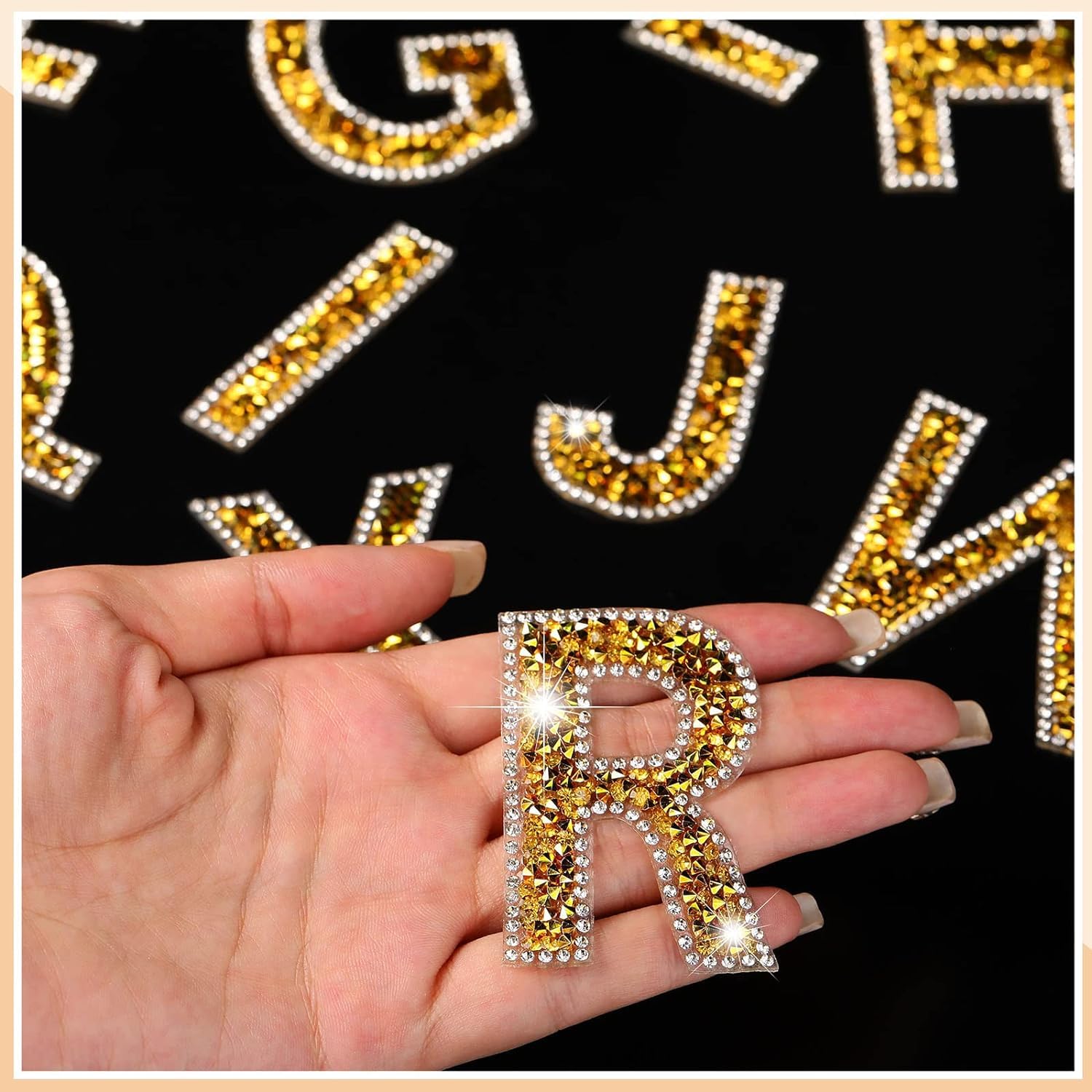 Yinder Glitter Resin Rhinestone Alphabet Letter Stickers - Self Adhesive A-Z Iron On Letters for DIY Crafts, Clothing, Scrapbooking & Home Decor (Gold, 26 Pieces) - Perfect for Customizing T-Shirts, Hats, Bags & More