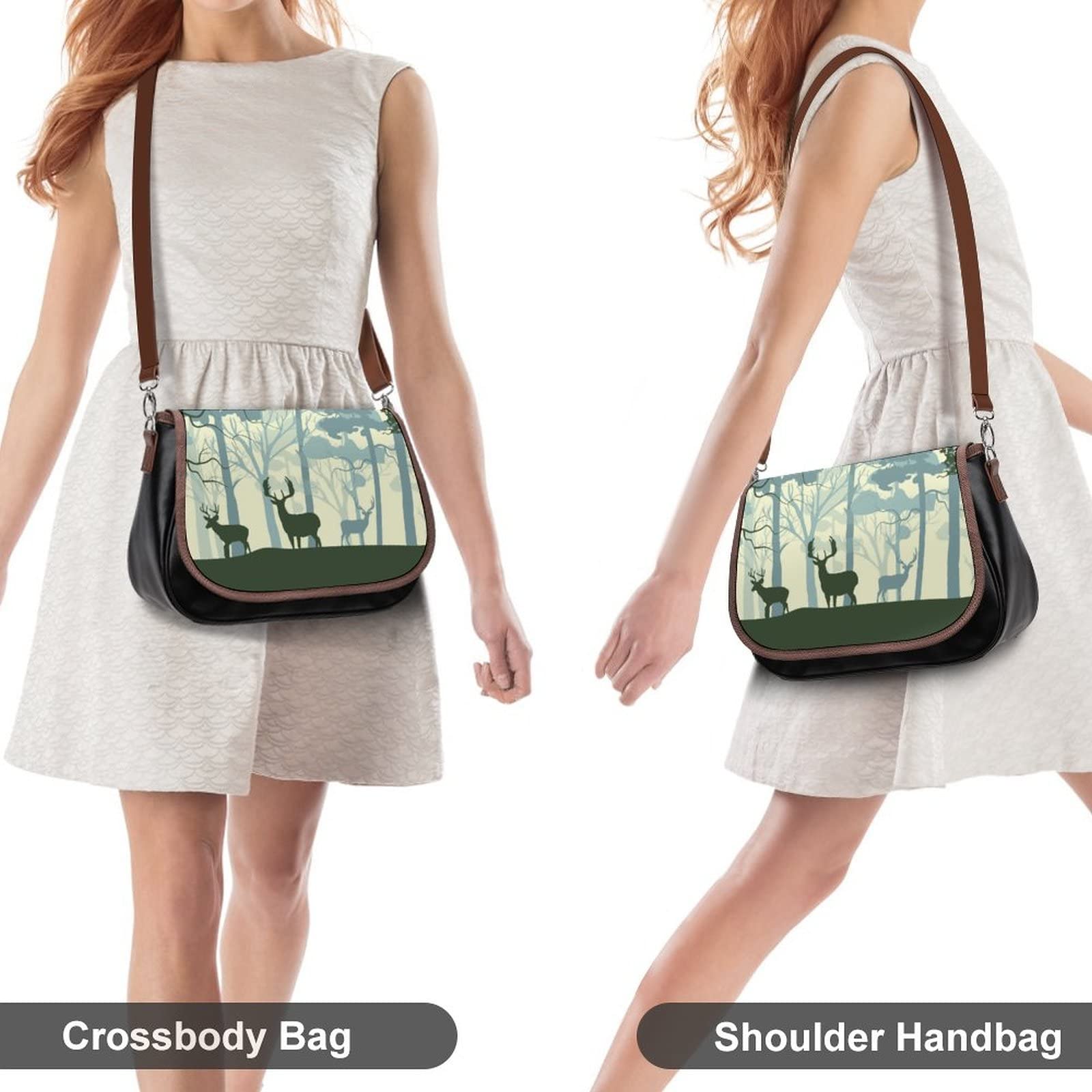 Stylish Women's Crossbody Leather Satchel Bag - Printed Forest Deer Silhouette Design for Casual Everyday Use | Perfect Shoulder Messenger Purse for Work, Travel & Shopping