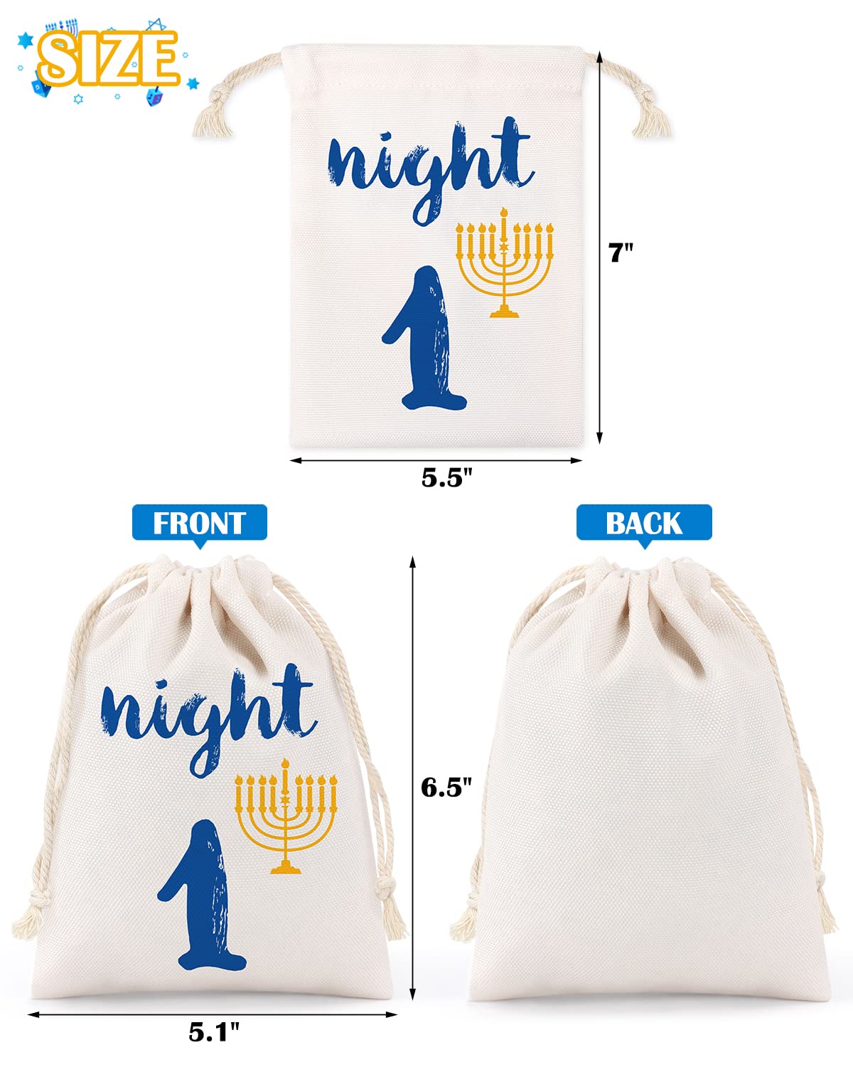 8 Pack Hanukkah Gift Bags - Chanukah Countdown Calendar with Drawstring Burlap Bags for Festival of Lights, Linen Treat Goodie Bags - Perfect for Hanukkah Party Favors, Holiday Celebrations & Jewish Tradition Gifts