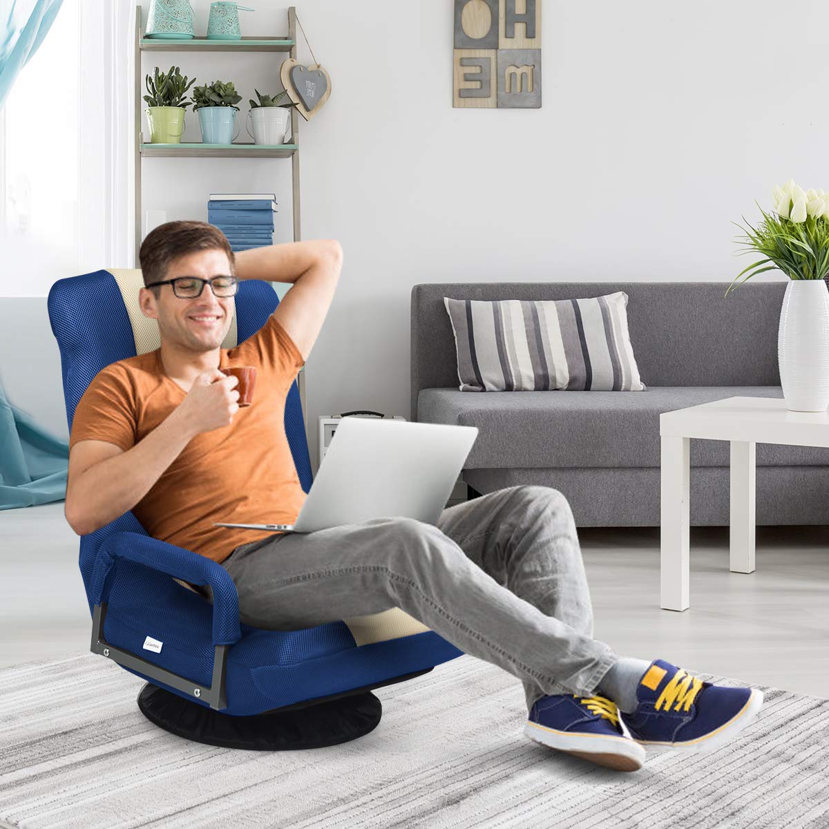 GOFLAME 360 Degree Swivel Gaming Floor Chair - Adjustable 6-Position Backrest & Armrest - Foldable Lazy Sofa Lounger for Adults - Perfect for TV Watching, Reading, Video Games & Home Office (Blue/Beige)