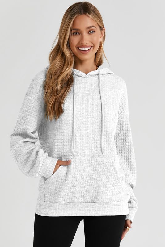 SHEWIN Women's Casual Long Sleeve Waffle Pullover Hoodie with Drawstring & Pocket - Loose Fit Hooded Sweatshirt for Everyday Wear, Lounge & Outdoor Activities