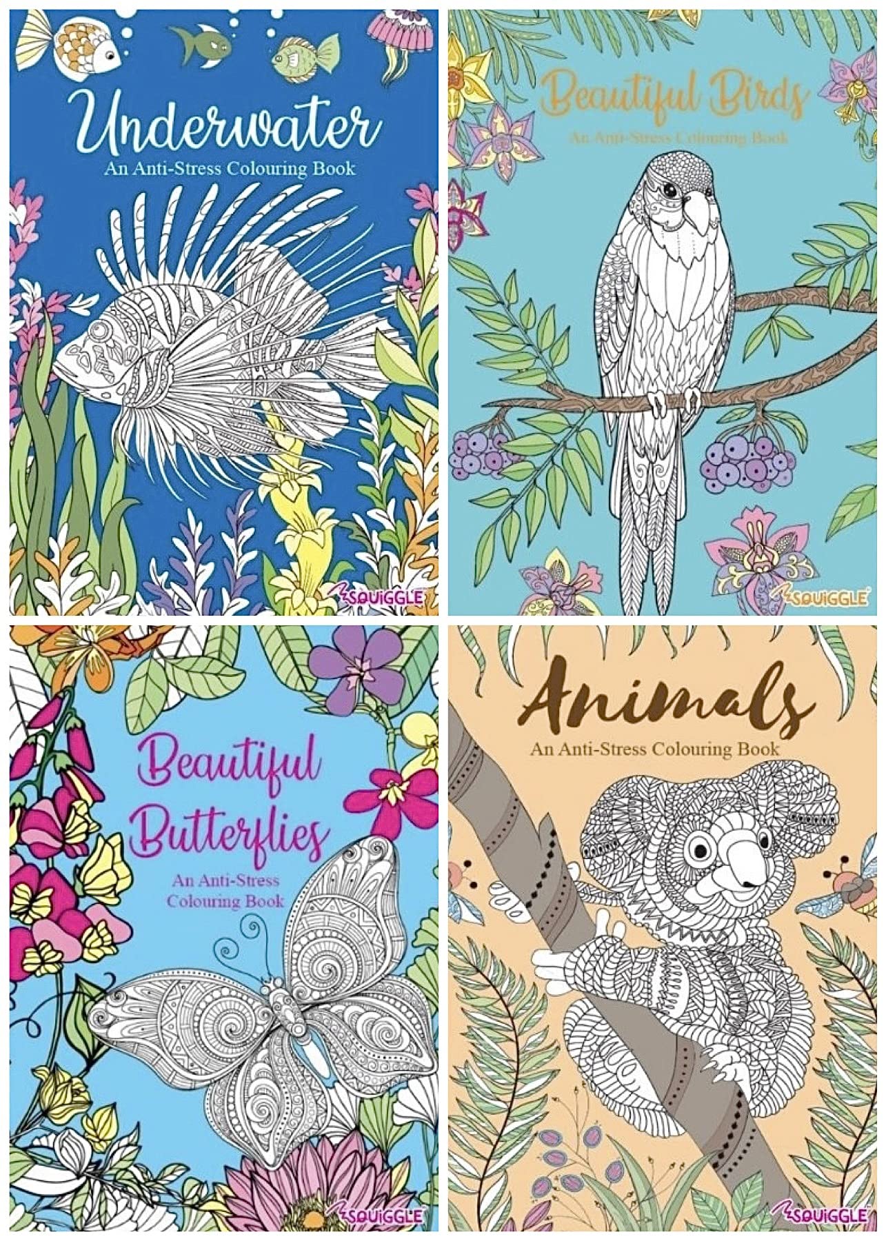 BG Color Therapy Anti-Stress Adult Coloring Books Set of 4 - Floral, Animal, Mandala & Nature Designs - Perfect for Relaxation, Mindfulness & Anxiety Relief (SET 2)