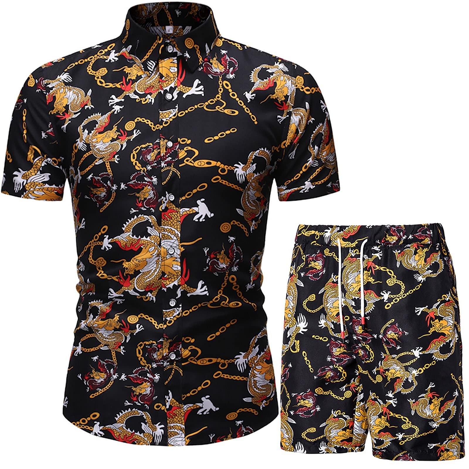 Men's 2-Piece Summer Beach Outfit - Printed Short Sleeve Shirt & Matching Shorts Set | Casual Vacation Wear for Pool Party, Beach Trip & Tropical Getaway