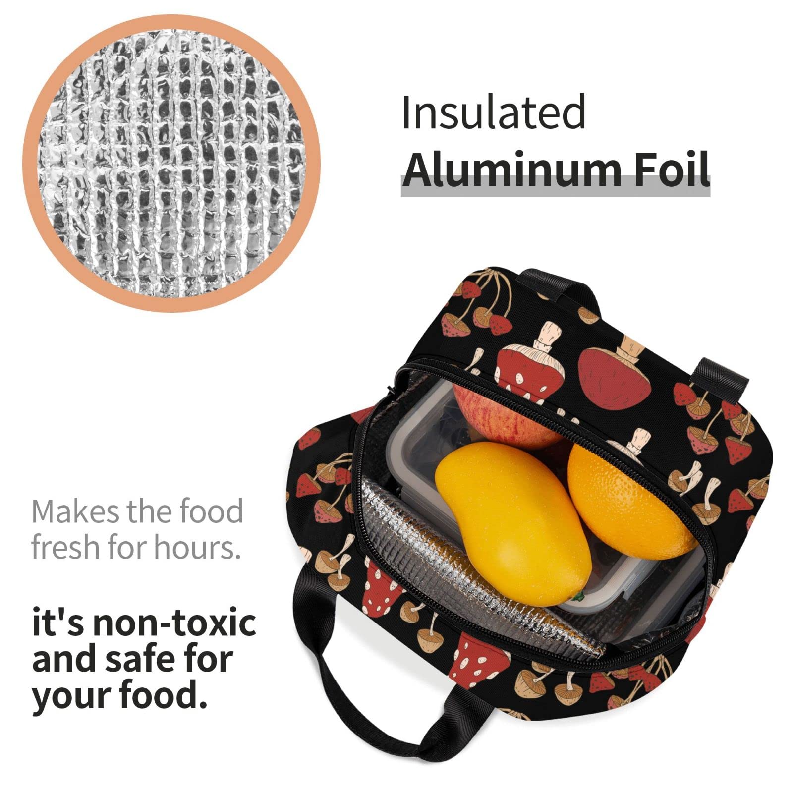 Insulated Lunch Box with Red Mushrooms Print - Reusable & Portable Meal Container for Men & Women - Perfect for Work, Travel, Picnic & Outdoor Activities