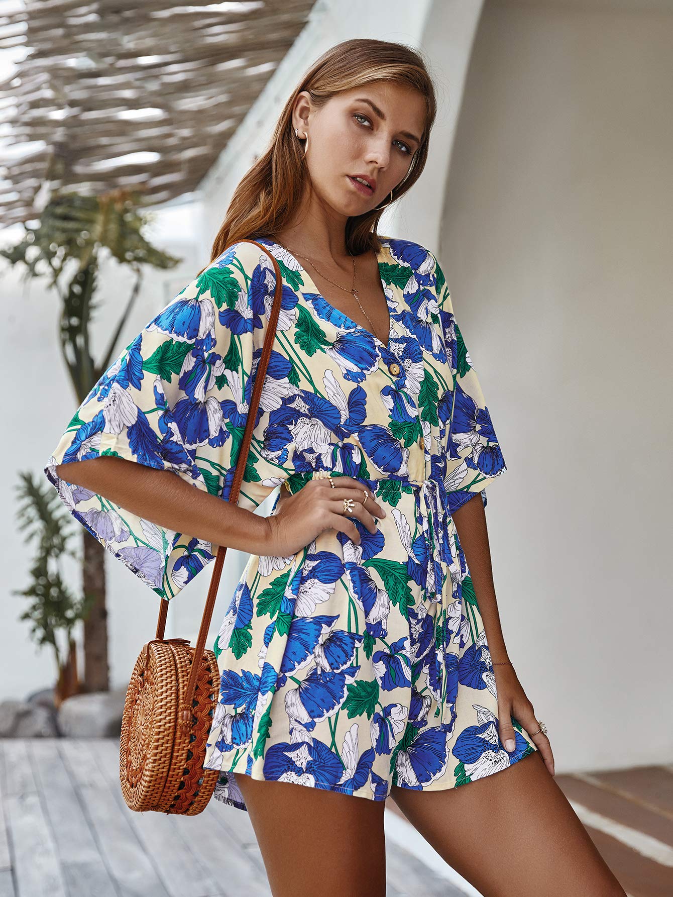 Boho Summer Short Jumpsuit for Women - Floral Printed Batwing Sleeve Loose Romper with Elastic Waist | Beach Vacation, Music Festival & Casual Outfit