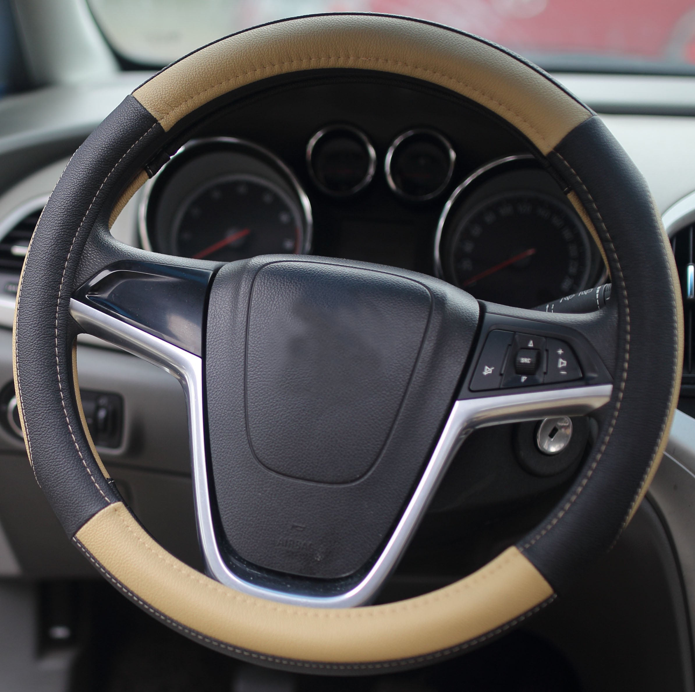 Mayco Bell 15 Inch Car Steering Wheel Cover - No Smell, Comfortable & Durable for Safe Driving - Black/Beige - Perfect for Daily Commute, Road Trips & Winter Protection