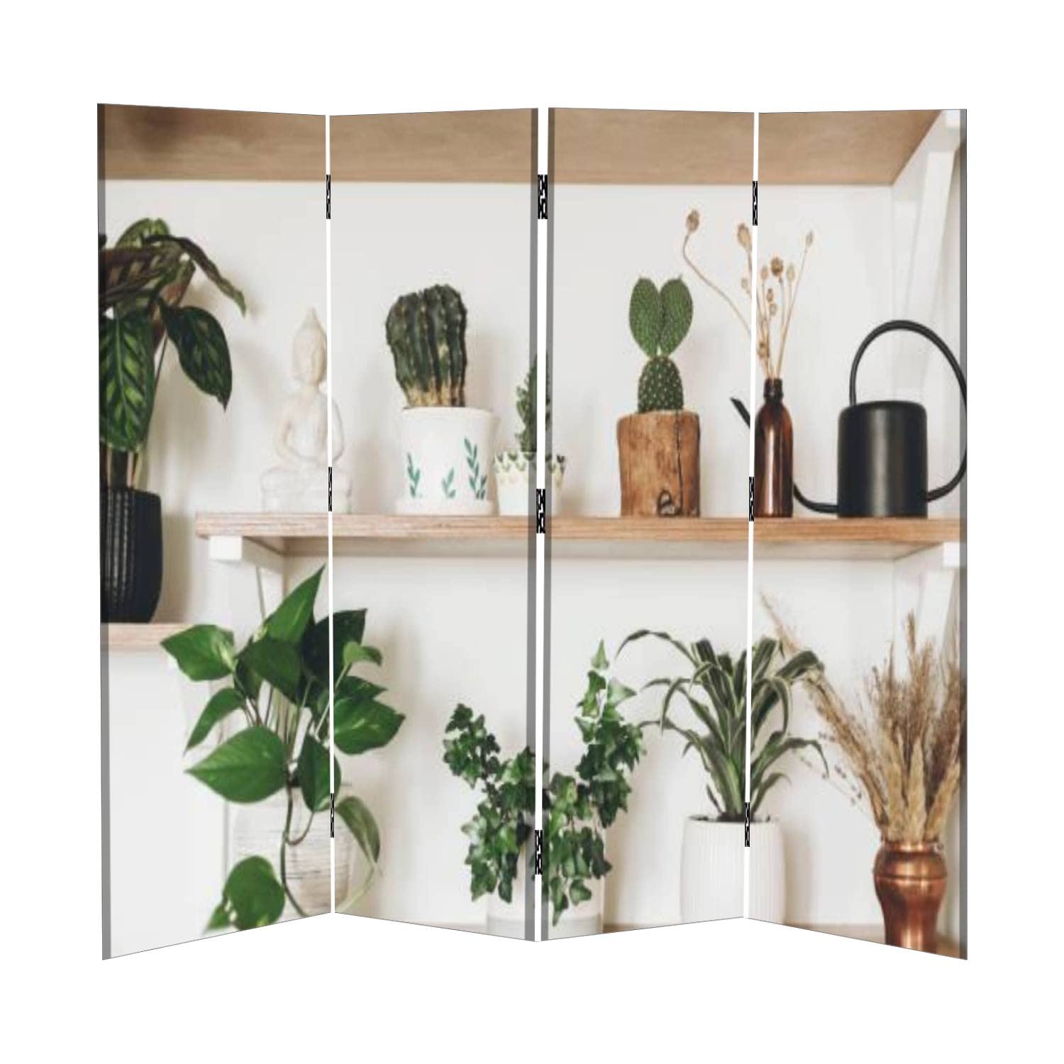 Stylish 4-Panel Canvas Room Divider with Wooden Shelves & Green Plants - Black Watering Can Included | Folding Privacy Screen for Home Office, Living Room & Bedroom Separation | Temporary Wall Divider for Indoor Spaces