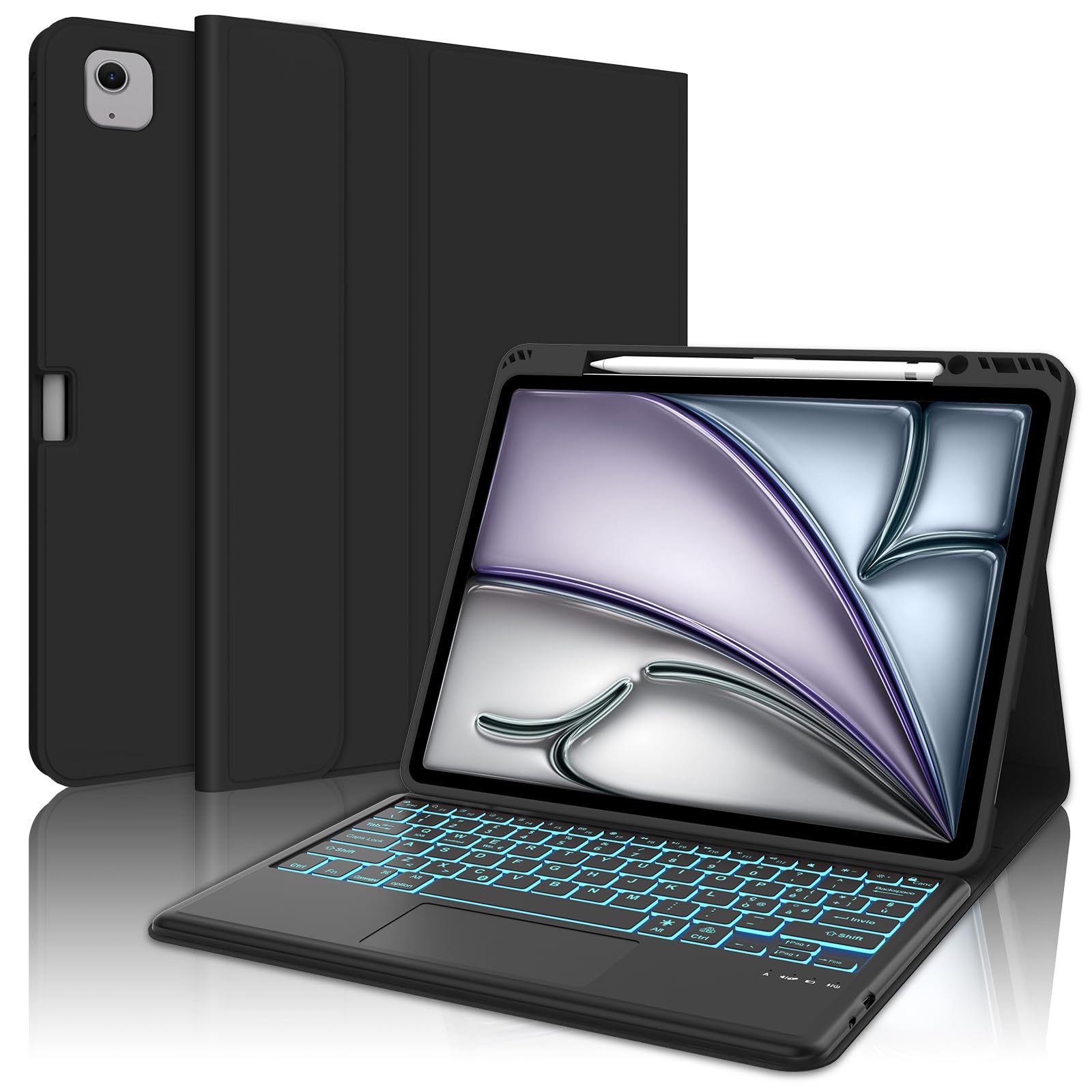 SENGBIRCH Bluetooth Keyboard Case for iPad Air 13 Inch (M2, 2024) - Backlit 7-Color Keyboard with Trackpad, Protective Cover - Perfect for Work, Study & Travel - Black