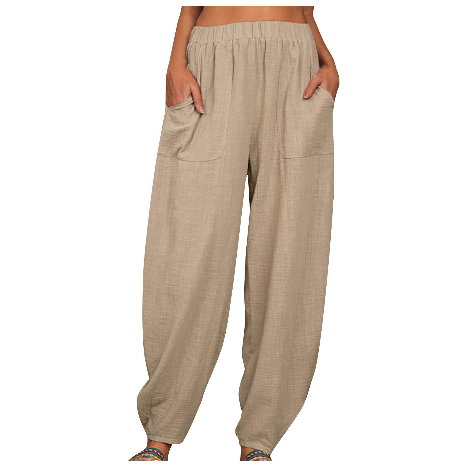 BLVB Women's Casual Elastic Waist Pants with Pockets - Loose Fit Solid Color Long Trousers & Harem Pants for Women | Perfect for Yoga, Lounge, Travel & Everyday Wear