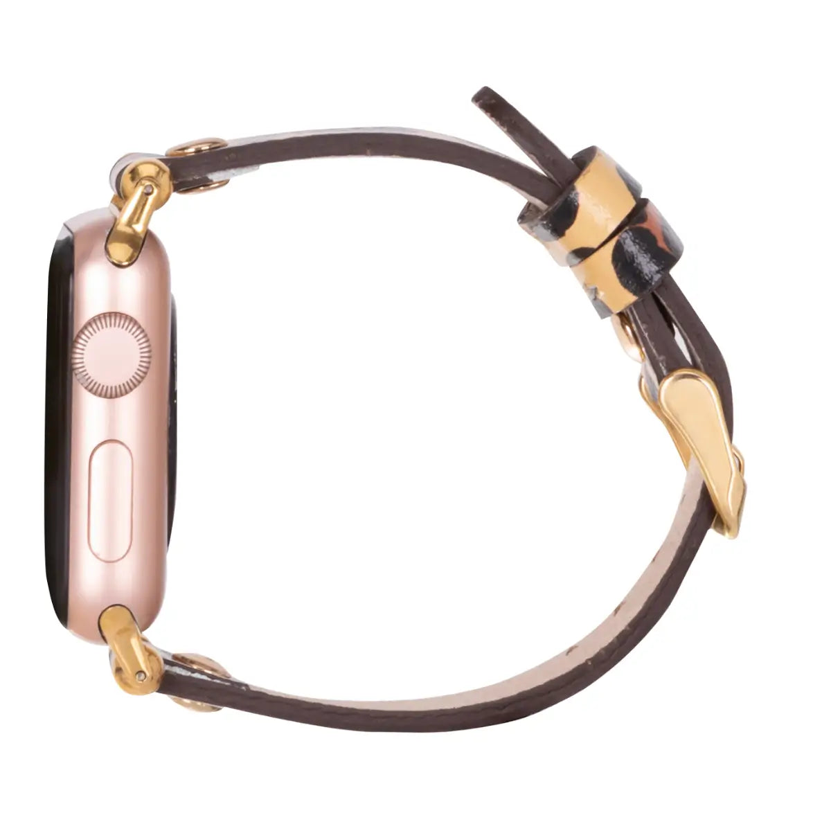 Leopard Print Genuine Leather Ultra Slim Apple Watch Band with Gold Rivets - Stylish & Durable for Workouts, Office & Everyday Wear