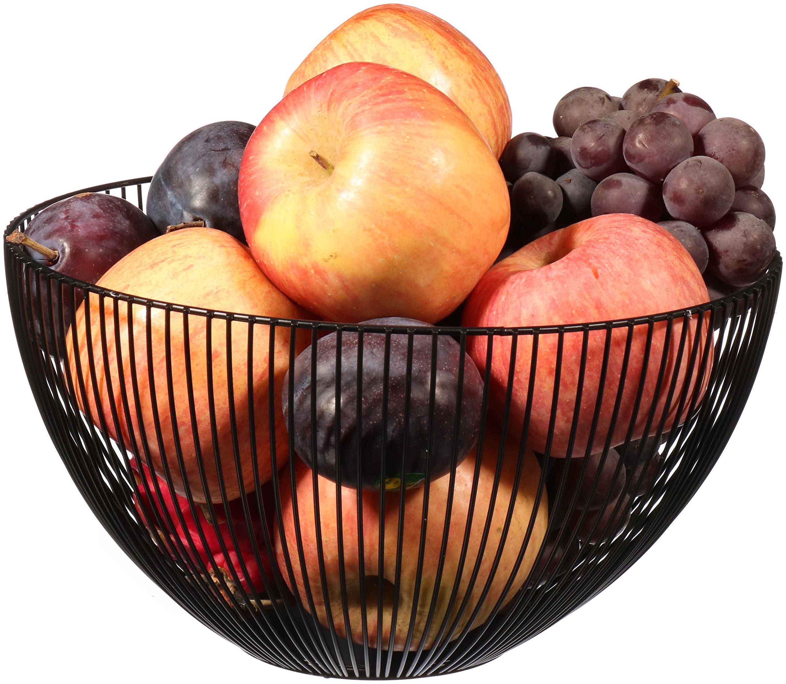 Modern Black Acrylic Metal Wire Fruit Basket - Large Round Storage Basket for Bread, Fruits, Vegetables & Snacks | Kitchen Counter Decor & Organizer for Dining Room, Pantry, or Party Serving