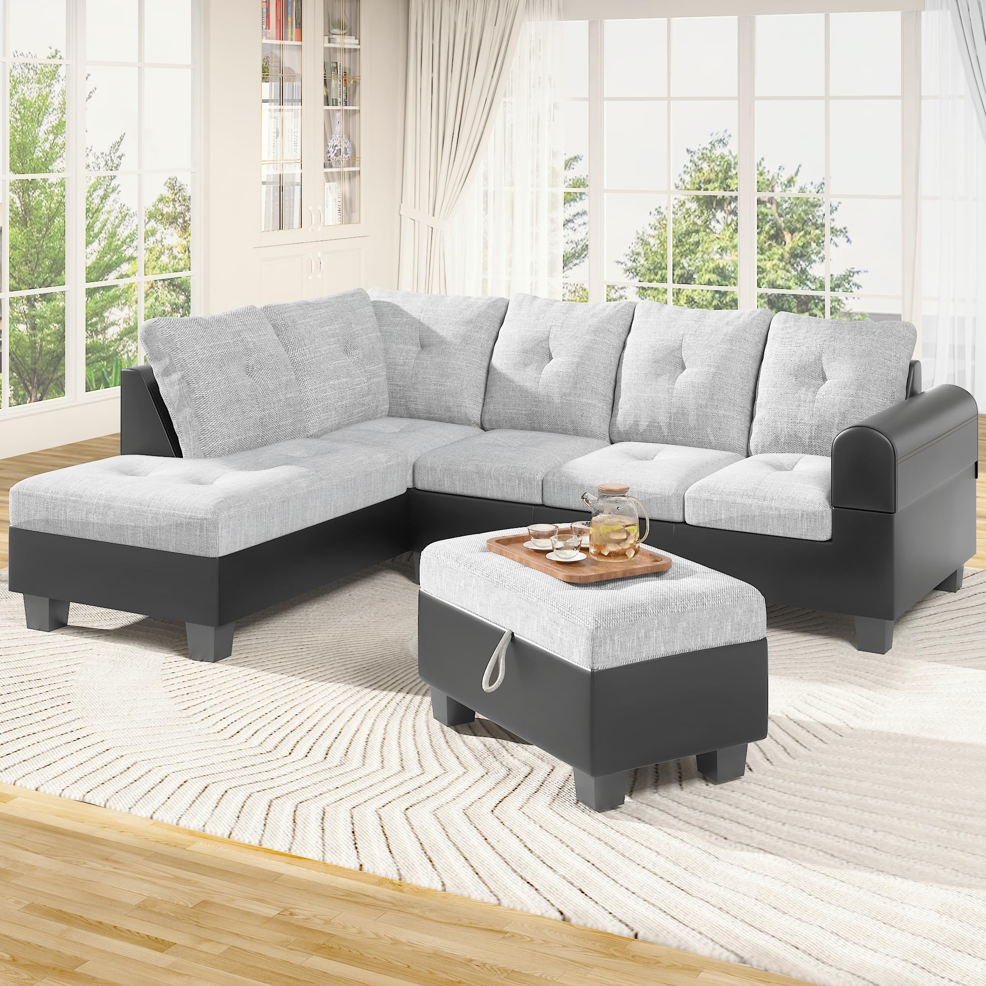 Lamerge Modern Modular Sectional Sofa Set - 6-Seat L-Shaped Couch with Ottoman & Wide Chaise | Contemporary Living Room Furniture for Apartments & Small Spaces | Perfect for Family Gatherings & Movie Nights