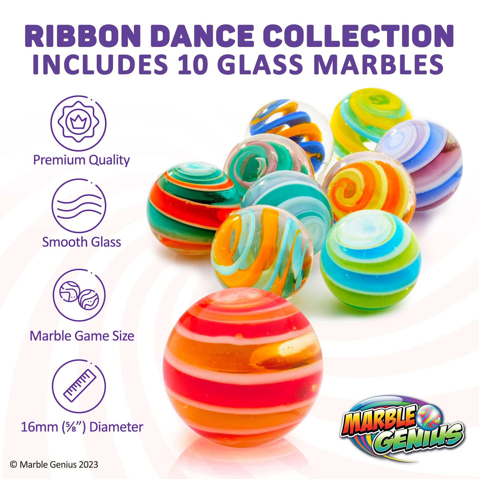 **Marble Genius Collectors Marbles - 16mm (5/8 Inch) Handmade Glass Marbles Set of 10 with Ribbons, Perfect Gift for Kids Ages 3+ & Marble Enthusiasts - Great for Games, Collections & Decorative Displays**