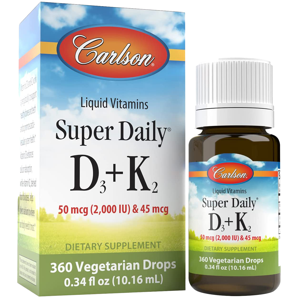 Carlson Labs Super Daily D3 + K2 2000 IU Liquid Vitamin Drops (10 ml) - Supports Bone & Immune Health - Perfect for Adults & Kids Daily Supplement Routine