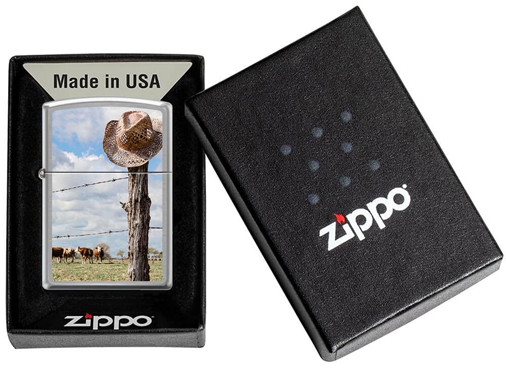Vintage Cowboy Hat & Fence Post Design Chrome Zippo Lighter - Collectible Windproof Lighter for Outdoor Adventures, Camping, and Western Style Enthusiasts