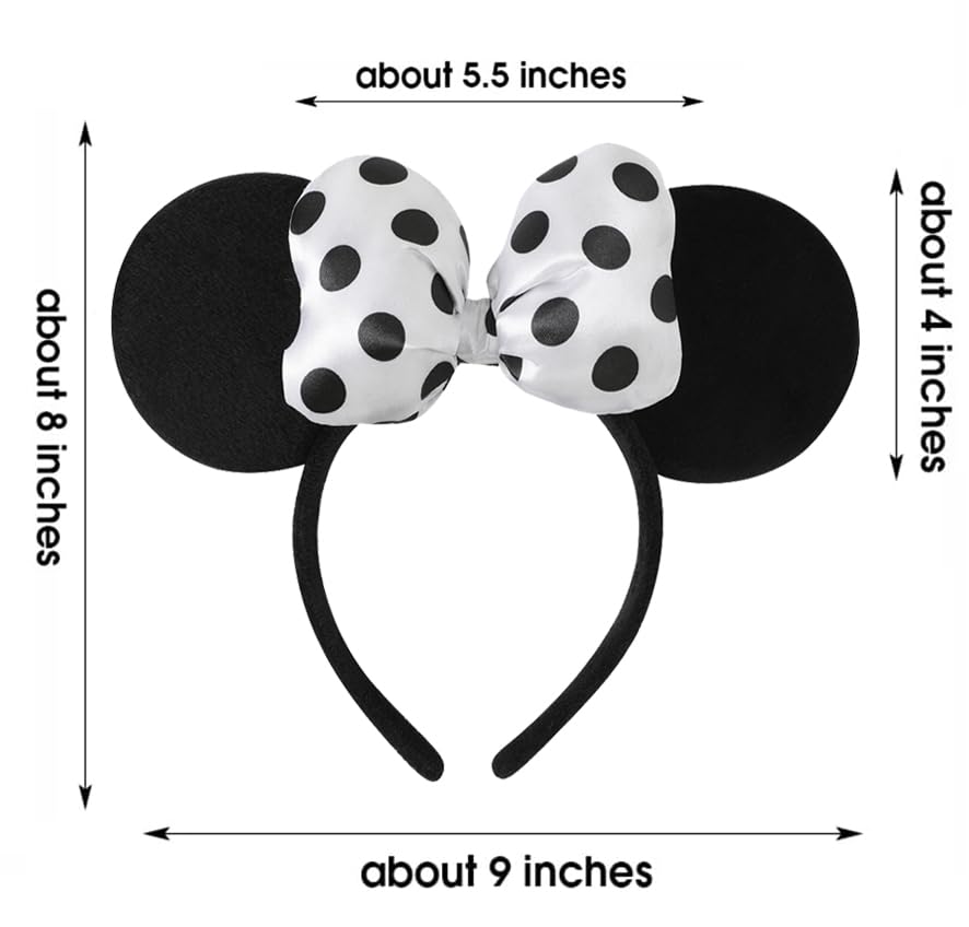 3D Polka Dot Velvet Mouse Ear Hair Bow Headband for Women & Girls - Amusement Park Photography Accessory - Fashionable Satin White Headwear for Disney Trips, Birthday Parties & Cosplay Events