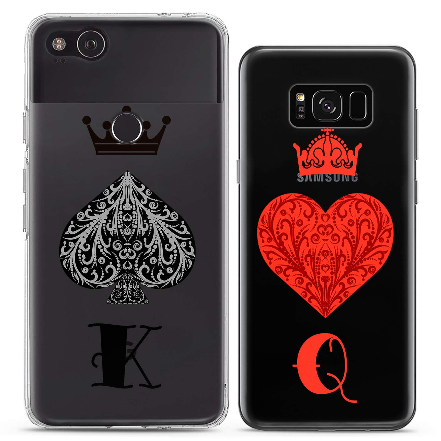 Matching Couple Phone Cases Compatible with iPhone 16/15/14/13/12/11 Pro Max/Mini/XS/X/6s/8 Plus/7+/XR/10/SE/5 - King Queen Spades Hearts Red Black Cute Silicone Cover - Perfect Gift for Couples, Girlfriends & Boyfriends - Valentine's Day, Anniversary & Everyday Use