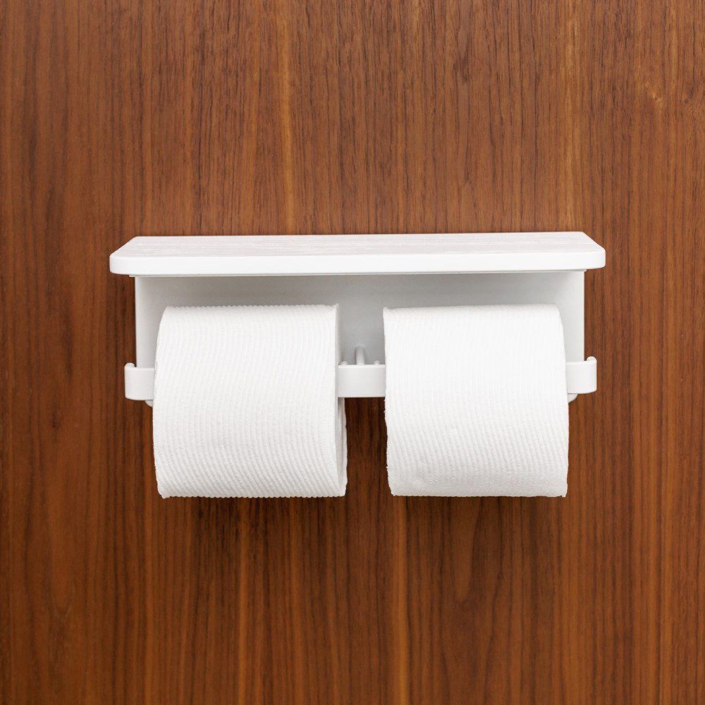 DESIGNSTUFF White Dual Toilet Roll Holder with Shelf - Space-Saving Bathroom Storage for Small Spaces & Modern Decor