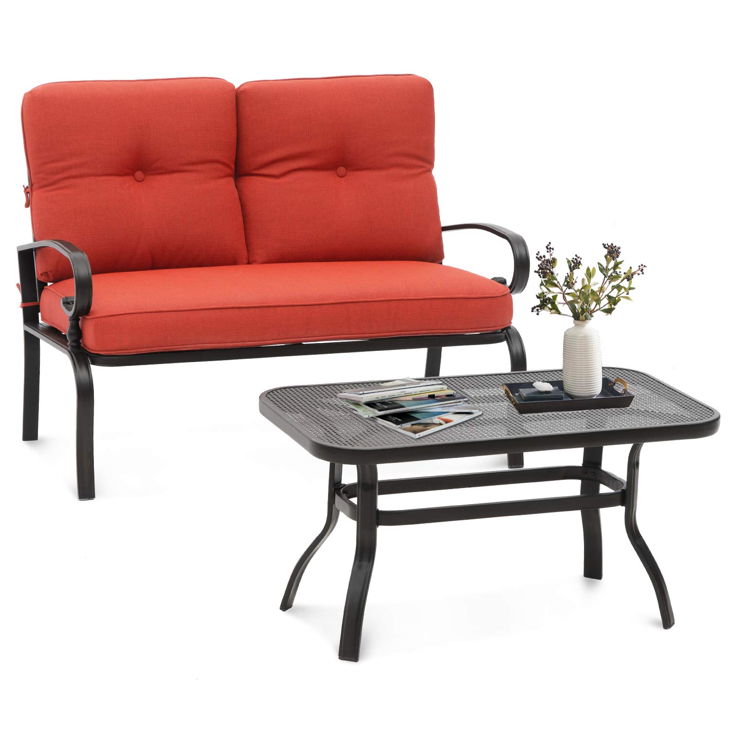 SUNCROWN 2-Piece Outdoor Patio Loveseat Set with Thick Cushions & Coffee Table - Steel Frame Bench for Garden, Backyard, Balcony (Red) - Perfect for Relaxing & Entertaining Guests