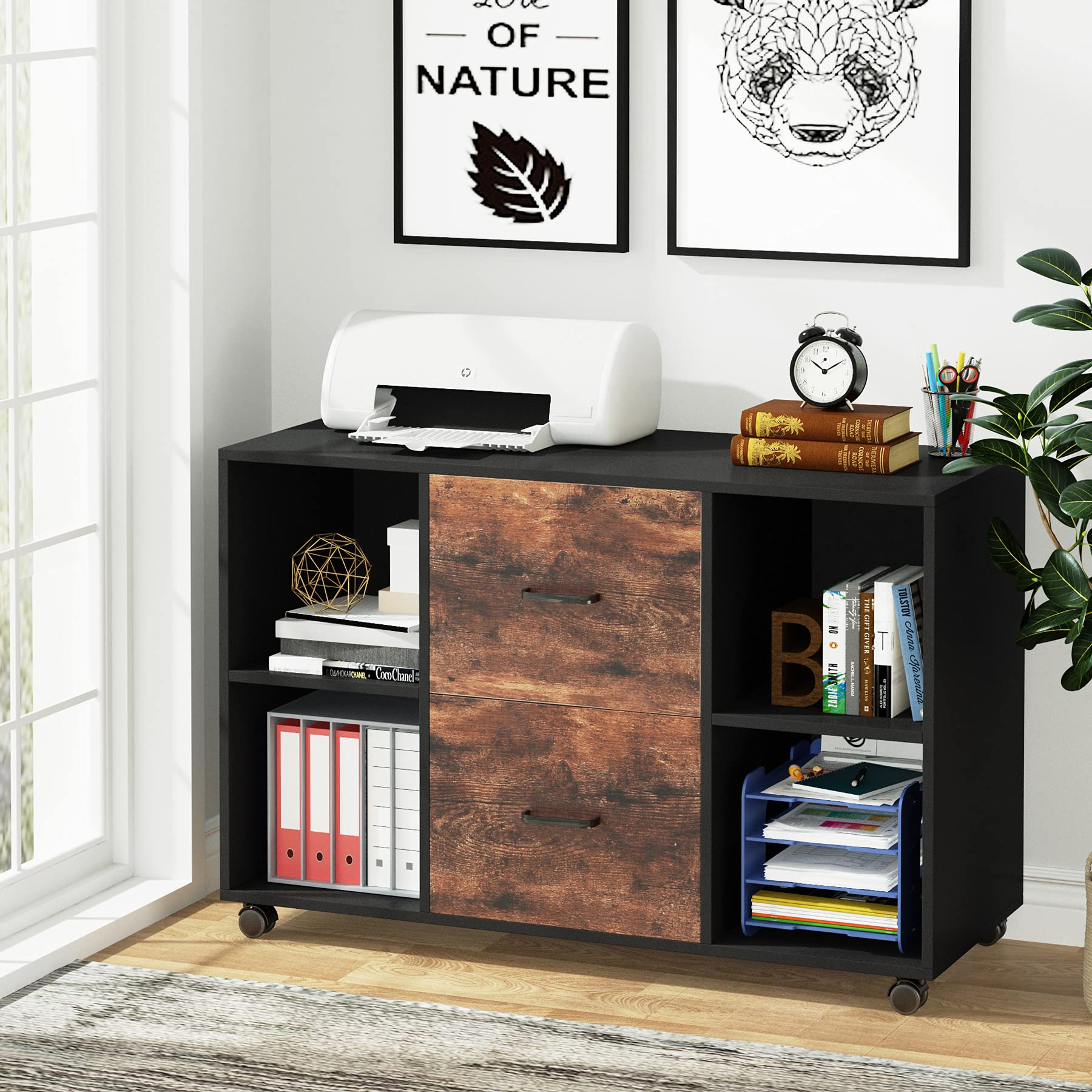 Tribesigns 2-Drawer File Cabinet - Large Mobile Lateral Wood Filing Cabinet for Letter Size Documents, Modern Office Printer Stand with Shelves & Wheels - Home Office Storage Solution (Brown) - Perfect for Organizing Files, Office Supplies & Printer Accessories in Small Spaces