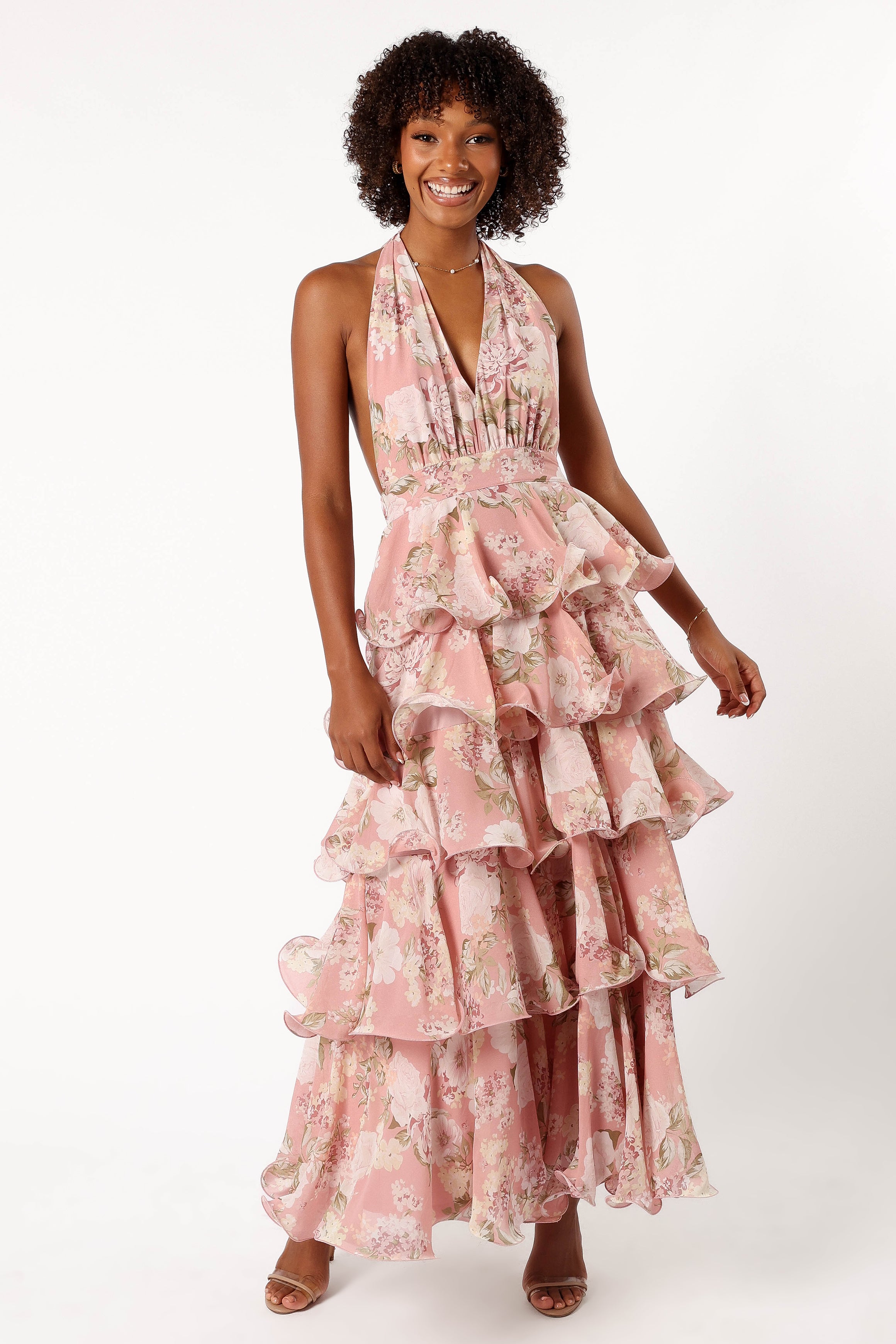 Elegant Pink Halterneck Maxi Dress for Women - Floral Print Summer Beach Wedding Party Dress
