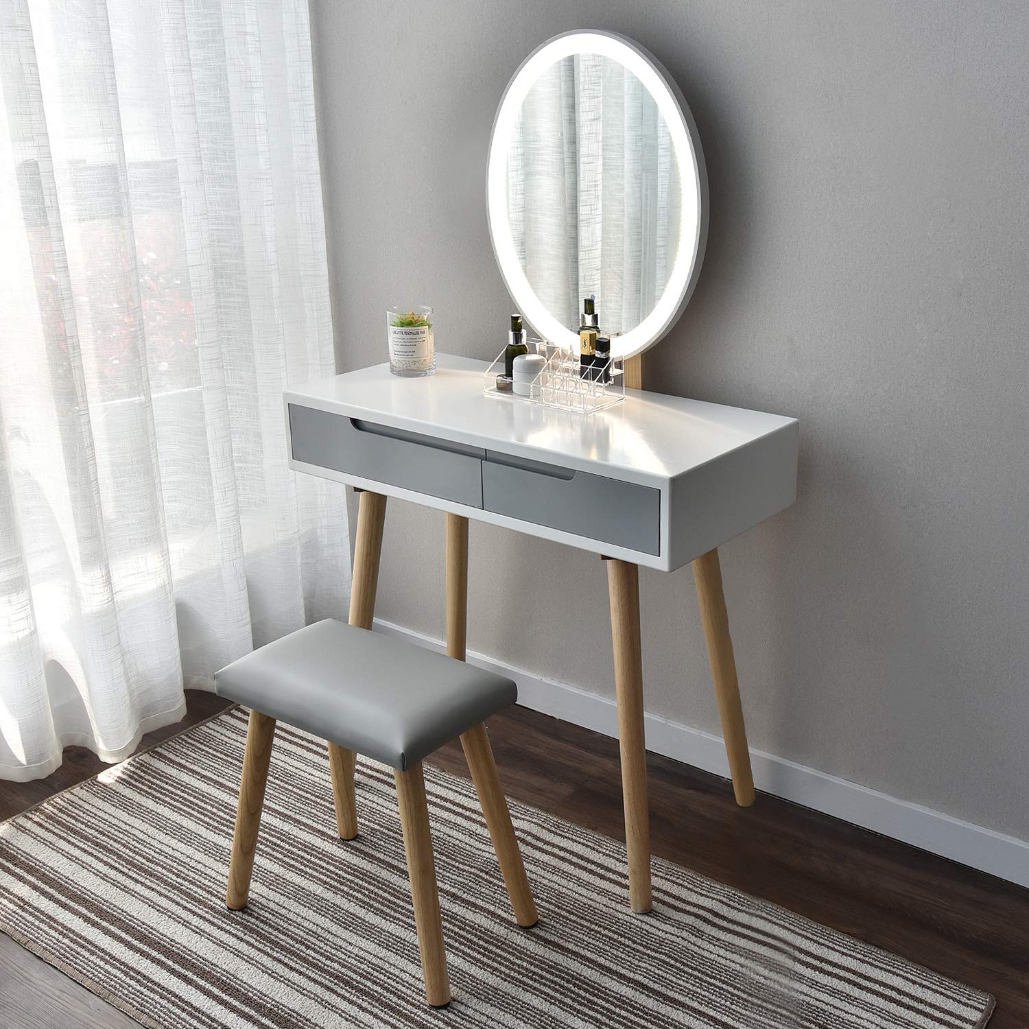 YOURLITE Vanity Table Set with Adjustable Brightness LED Mirror & Cushioned Stool - 3 Lighting Modes, Makeup Dressing Table with Free Organizer - Perfect for Bedroom, Salon & Home Beauty Station