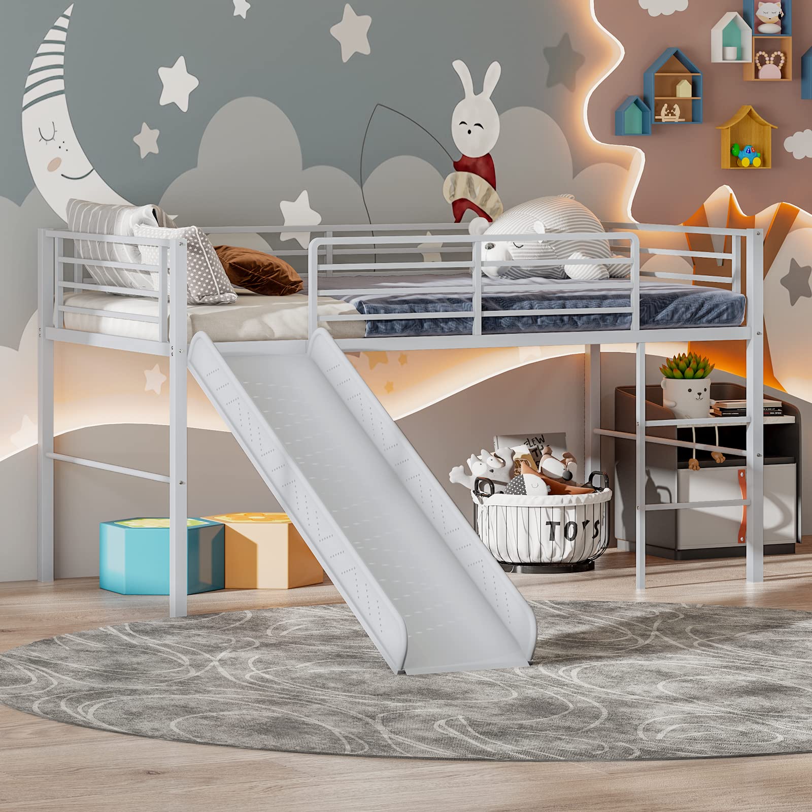 **Giantex Twin Loft Bed with Slide - Sturdy Metal Low Bunk Bed for Kids, Safety Guardrails & Built-in Ladder, No Box Spring Needed, Toddler Bed Floor Frame for Boys & Girls (Silver) - Perfect for Small Bedrooms, Playrooms & Sleepovers**