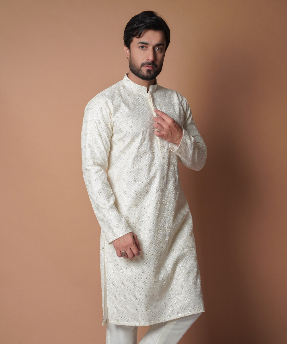 Elegant Ivory Resham Kurta Pants Set for Women - Traditional Indian Ethnic Wear for Festivals, Weddings & Special Occasions