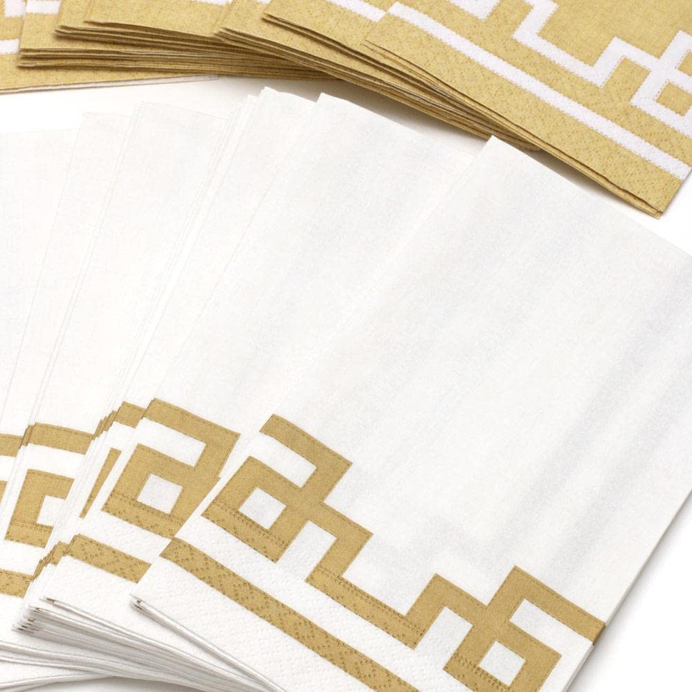 Premium Caspari Rive Gauche Gold & White Paper Guest Towels - 4 Packs of 15 Luxury Disposable Napkins for Weddings, Parties & Upscale Events